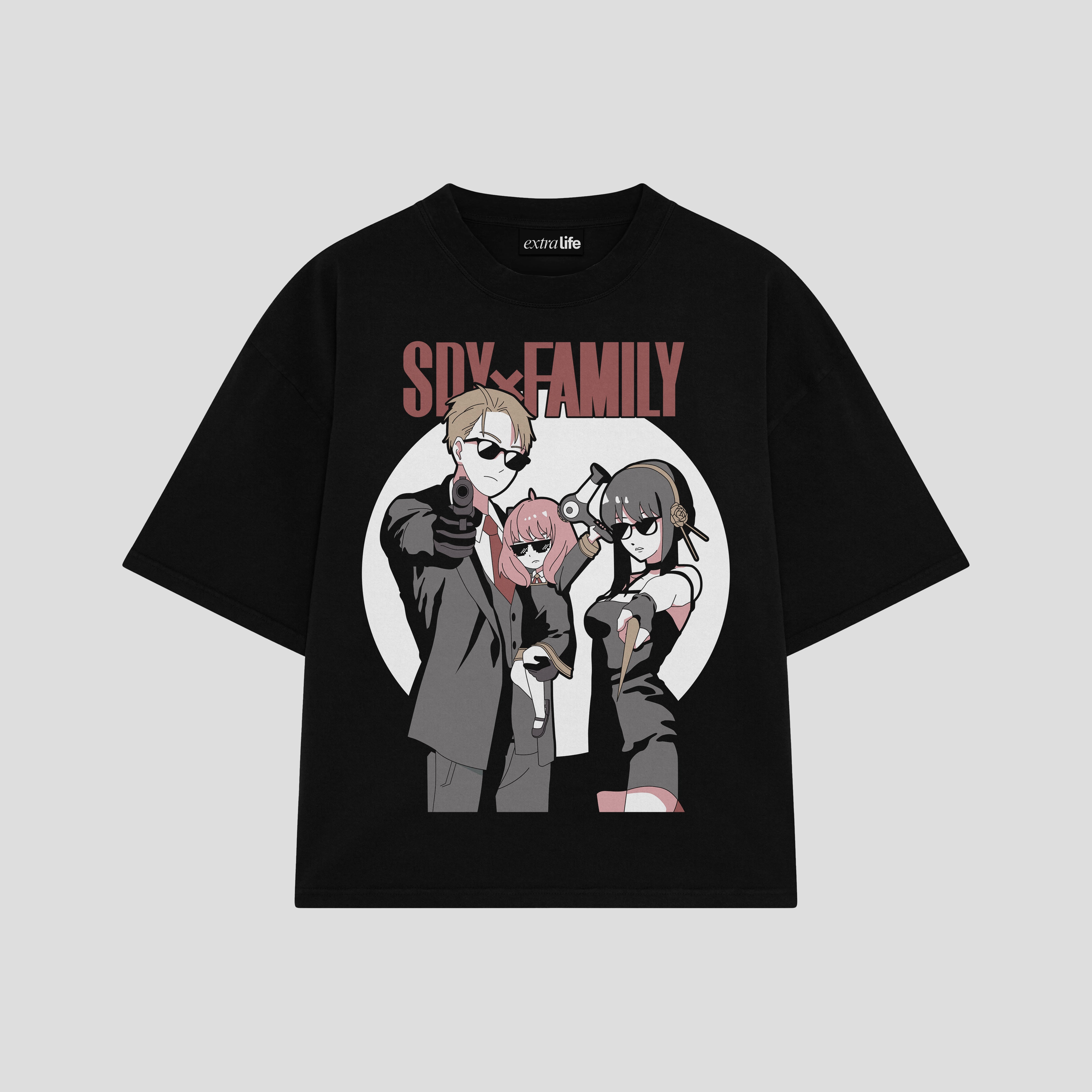Playera streetwear premium de anime y gaming ExtraLife MX, corte boxy oversized drop shoulder heavyweight en color Deep Black y Off-White, moda urbana mexicana de culto.