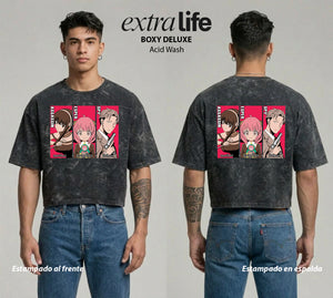 Playera streetwear premium de anime y gaming ExtraLife MX, corte boxy deluxe mineral wash heavyweight en color Acid Wash, moda urbana mexicana de culto.