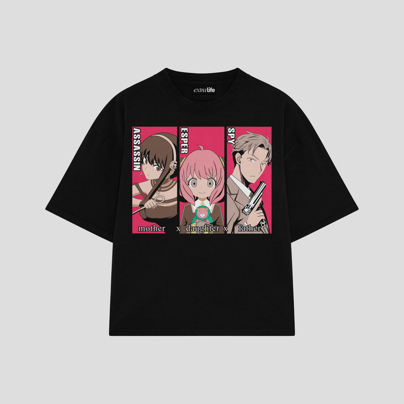 Playera streetwear premium de anime y gaming ExtraLife MX, corte boxy oversized drop shoulder heavyweight en color Deep Black y Off-White, moda urbana mexicana de culto.