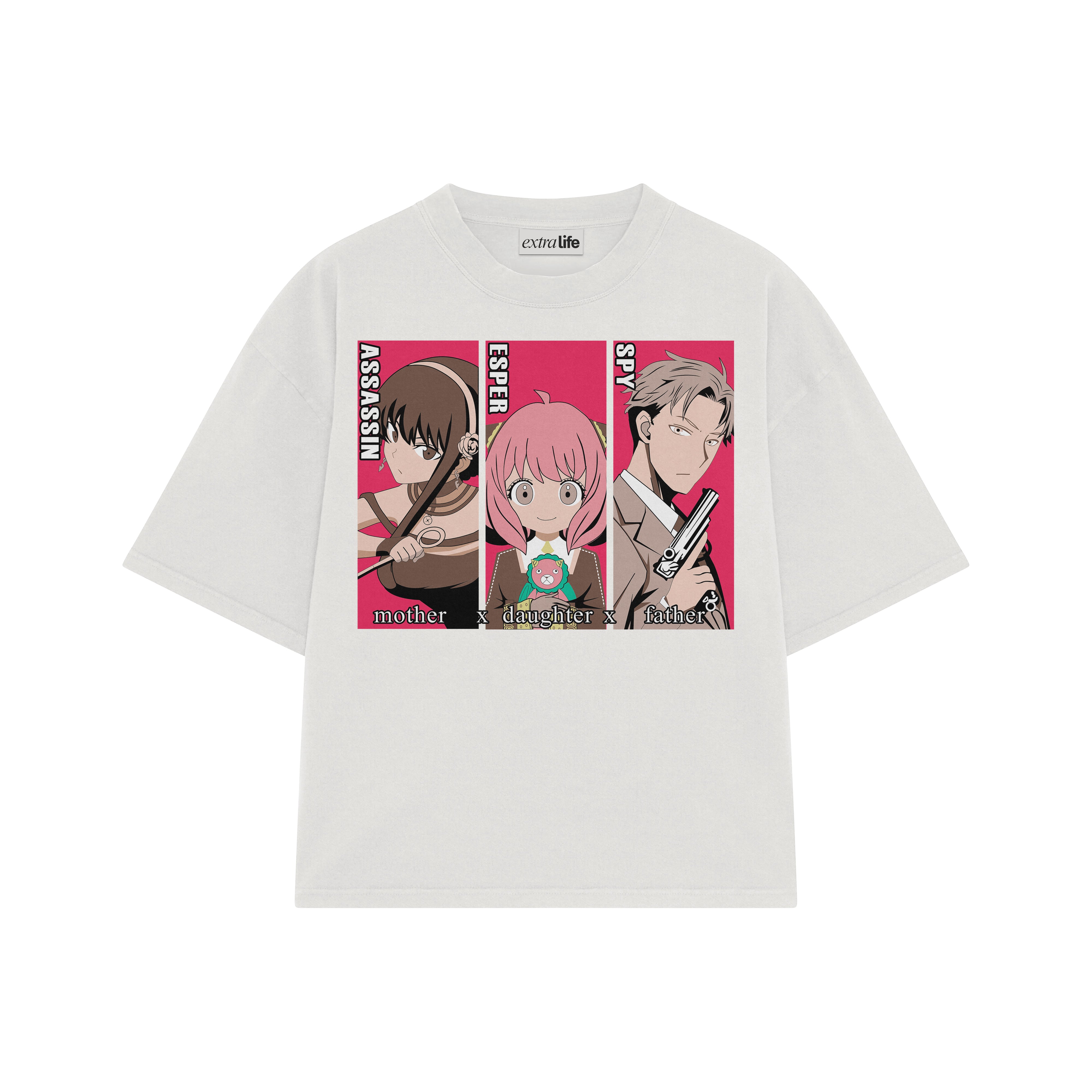 Playera streetwear premium de anime y gaming ExtraLife MX, corte boxy oversized drop shoulder heavyweight en color Deep Black y Off-White, moda urbana mexicana de culto.