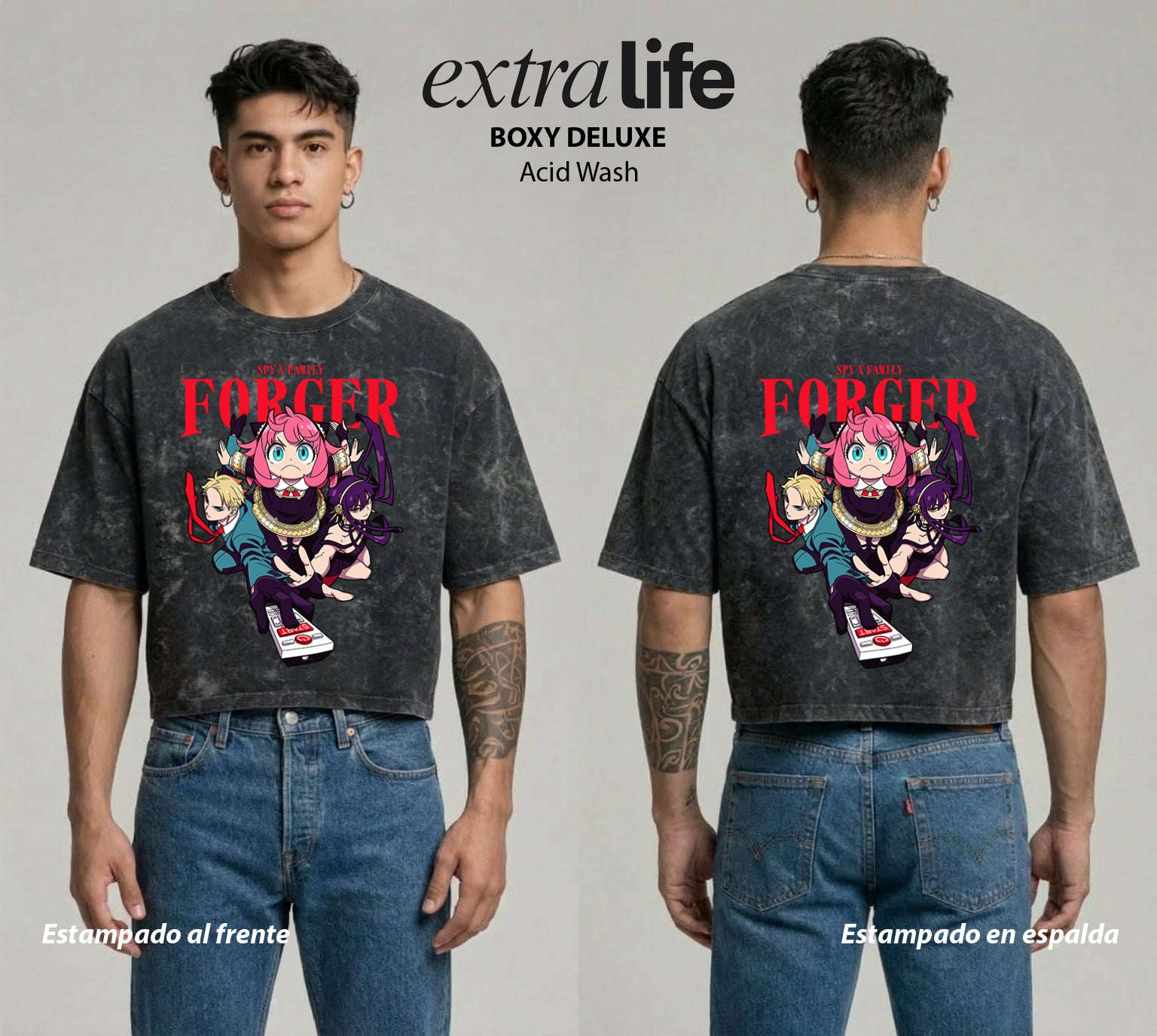 Playera streetwear premium de anime y gaming ExtraLife MX, corte boxy deluxe mineral wash heavyweight en color Acid Wash, moda urbana mexicana de culto.