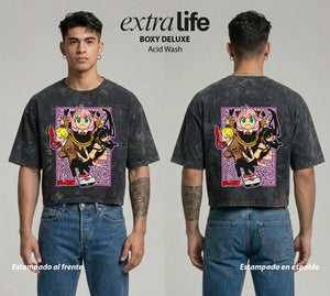 Playera streetwear premium de anime y gaming ExtraLife MX, corte boxy deluxe mineral wash heavyweight en color Acid Wash, moda urbana mexicana de culto.