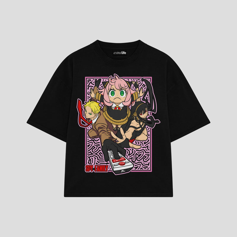 Playera streetwear premium de anime y gaming ExtraLife MX, corte boxy oversized drop shoulder heavyweight en color Deep Black y Off-White, moda urbana mexicana de culto.