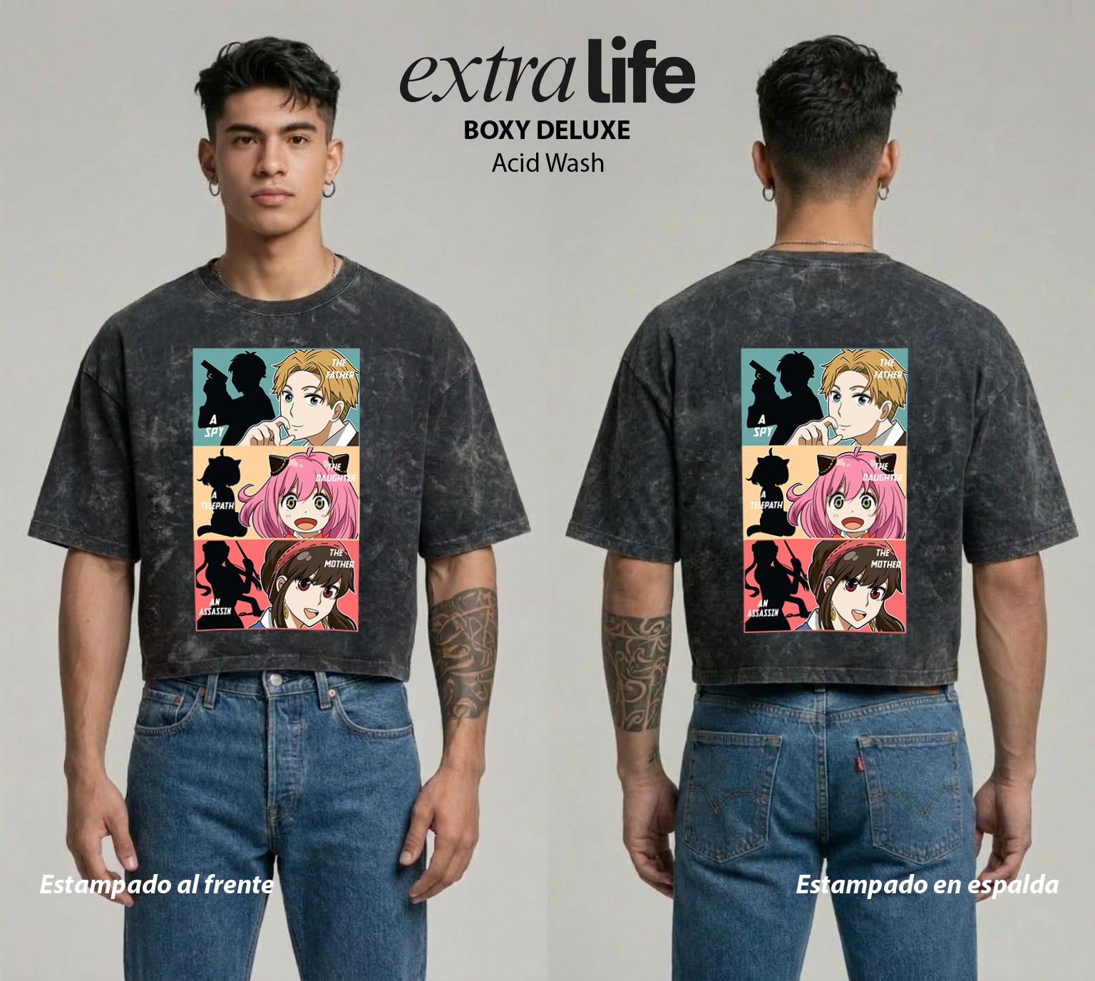 Playera streetwear premium de anime y gaming ExtraLife MX, corte boxy deluxe mineral wash heavyweight en color Acid Wash, moda urbana mexicana de culto.