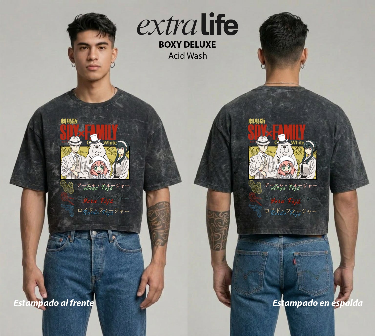 Playera streetwear premium de anime y gaming ExtraLife MX, corte boxy deluxe mineral wash heavyweight en color Acid Wash, moda urbana mexicana de culto.