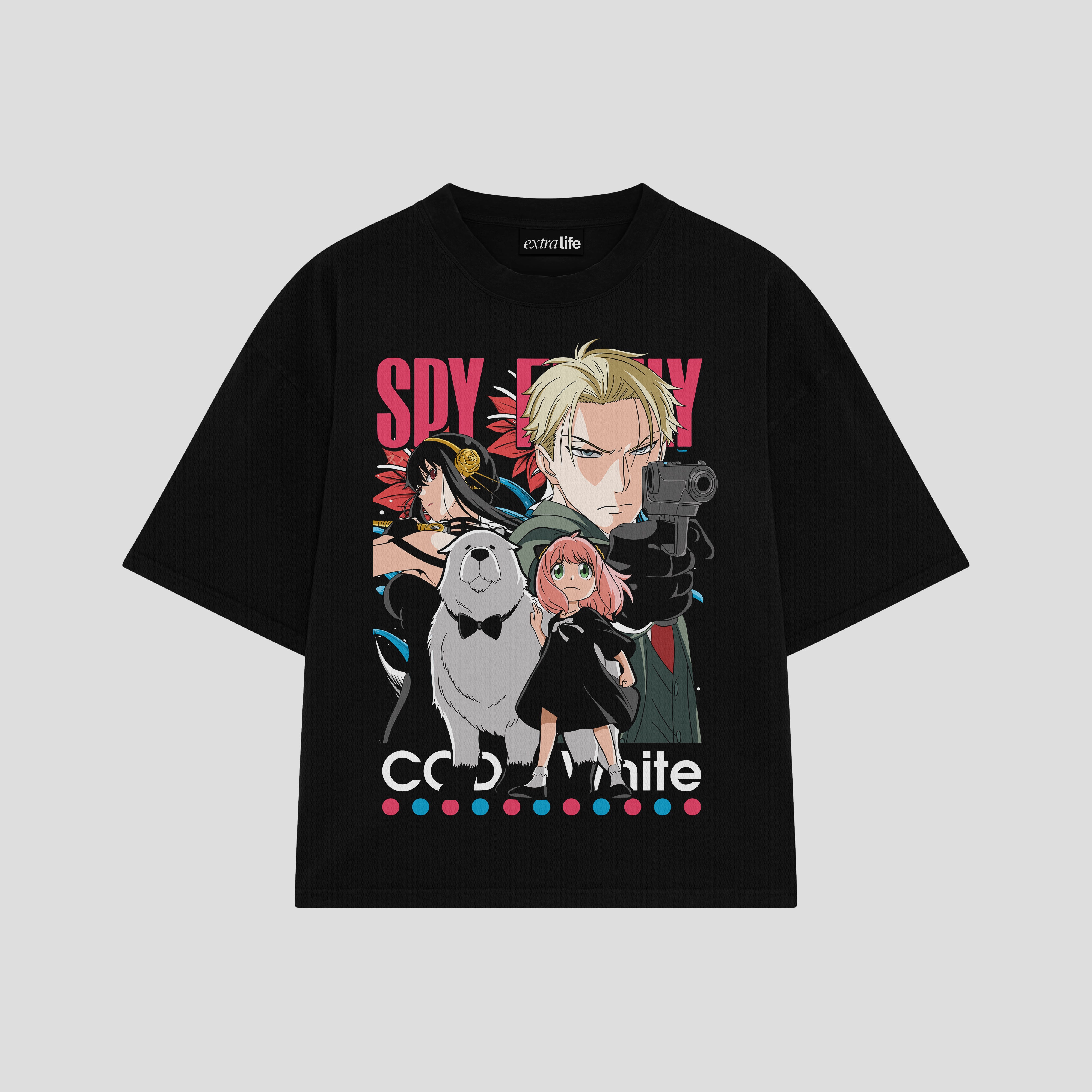 Playera streetwear premium de anime y gaming ExtraLife MX, corte boxy oversized drop shoulder heavyweight en color Deep Black y Off-White, moda urbana mexicana de culto.