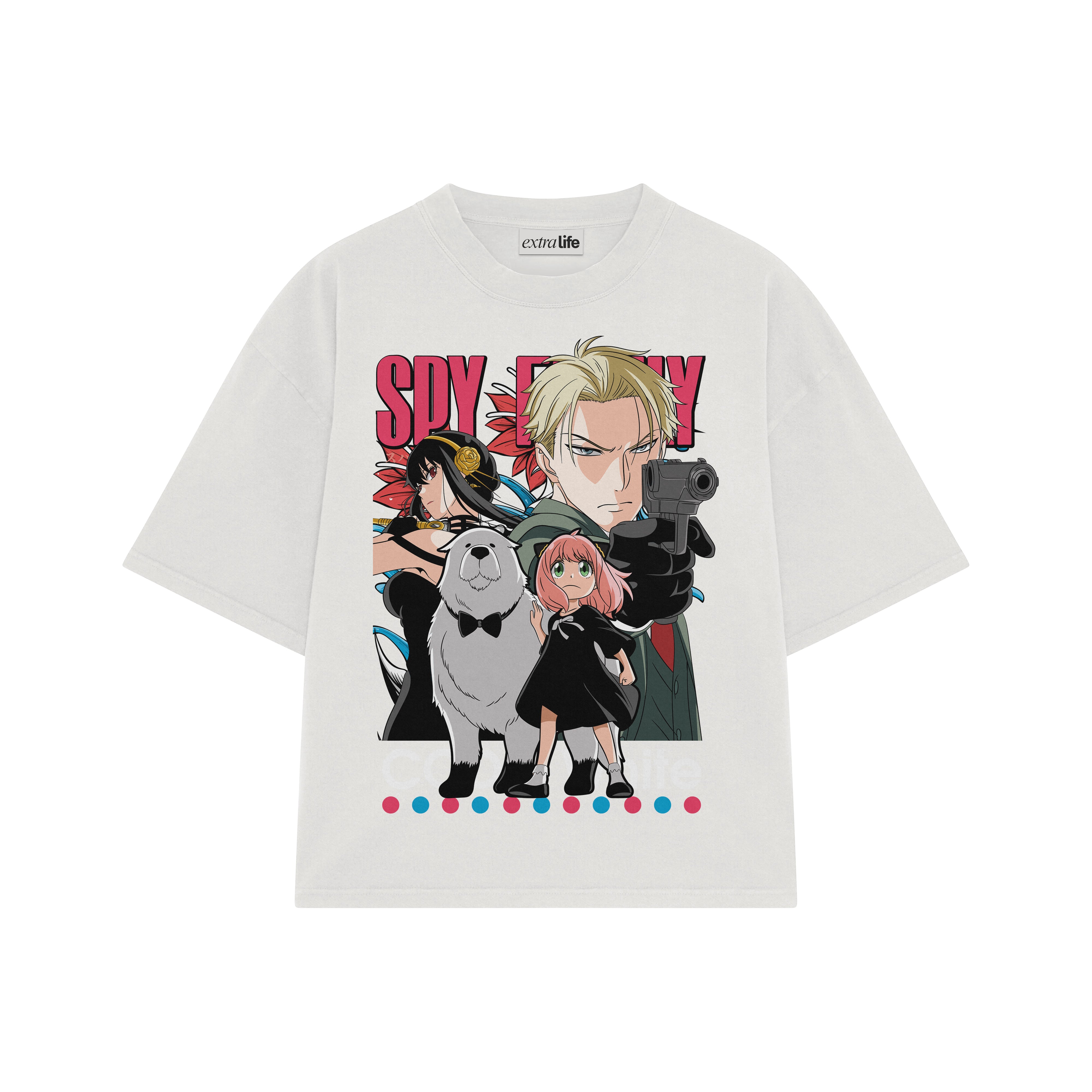 Playera streetwear premium de anime y gaming ExtraLife MX, corte boxy oversized drop shoulder heavyweight en color Deep Black y Off-White, moda urbana mexicana de culto.