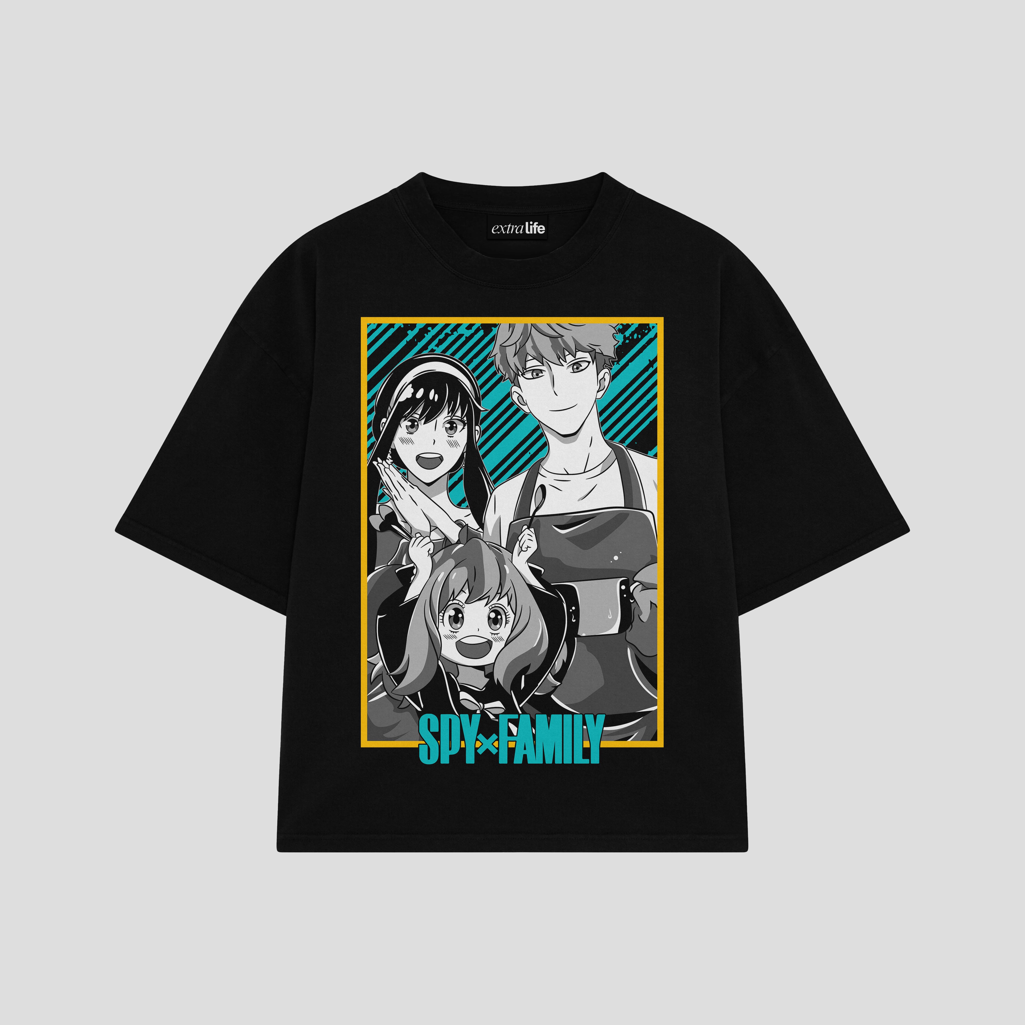 Playera streetwear premium de anime y gaming ExtraLife MX, corte boxy oversized drop shoulder heavyweight en color Deep Black y Off-White, moda urbana mexicana de culto.