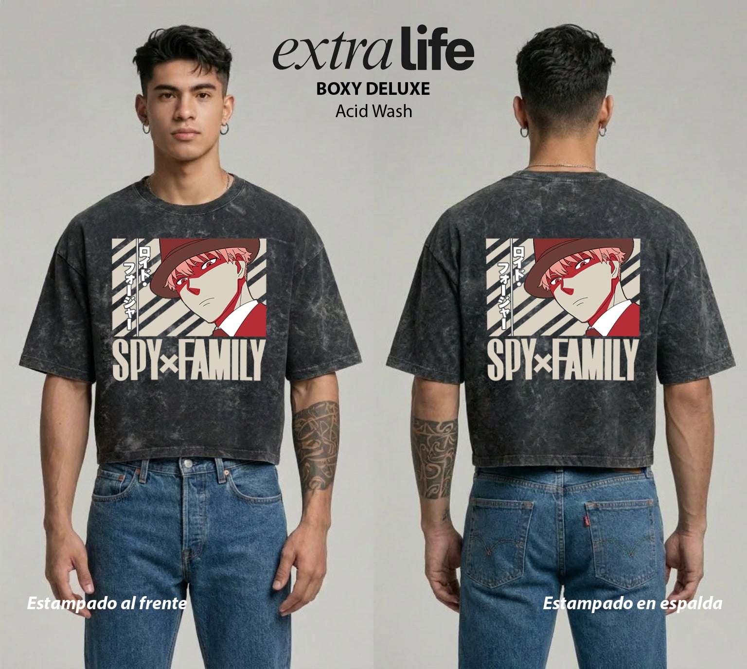 Playera streetwear premium de anime y gaming ExtraLife MX, corte boxy deluxe mineral wash heavyweight en color Acid Wash, moda urbana mexicana de culto.