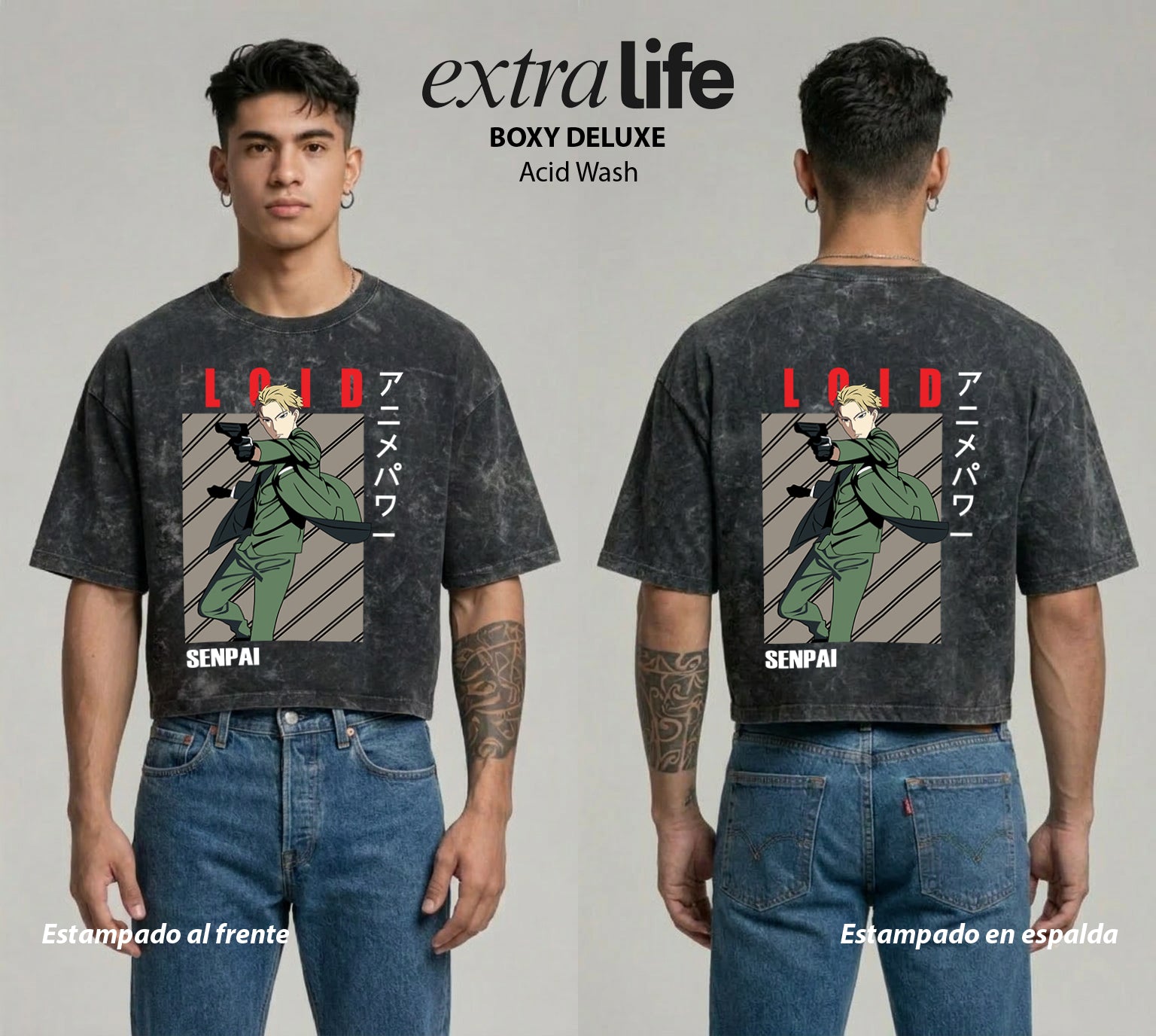 Playera streetwear premium de anime y gaming ExtraLife MX, corte boxy deluxe mineral wash heavyweight en color Acid Wash, moda urbana mexicana de culto.
