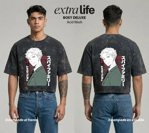Playera streetwear premium de anime y gaming ExtraLife MX, corte boxy deluxe mineral wash heavyweight en color Acid Wash, moda urbana mexicana de culto.