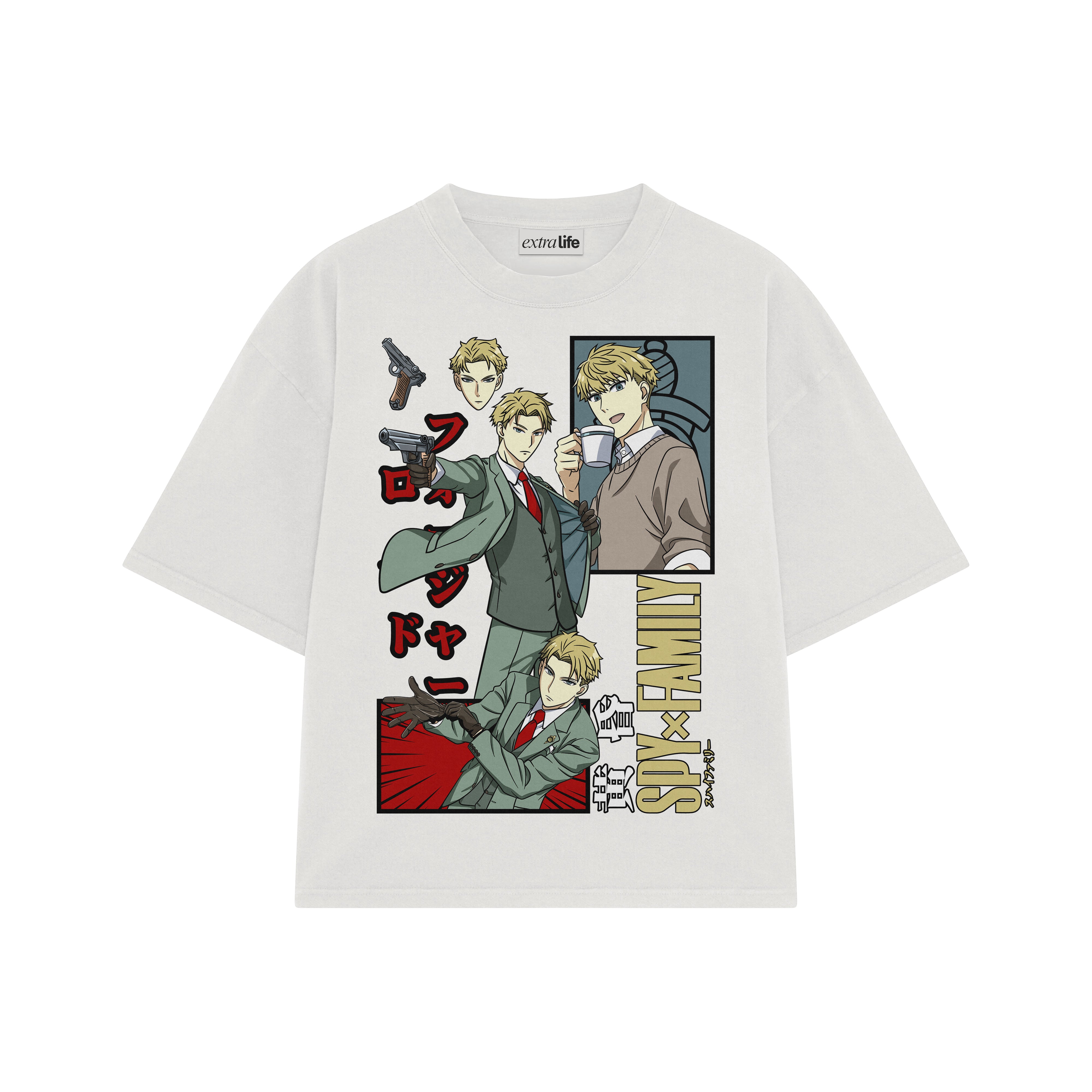 Playera streetwear premium de anime y gaming ExtraLife MX, corte boxy oversized drop shoulder heavyweight en color Deep Black y Off-White, moda urbana mexicana de culto.