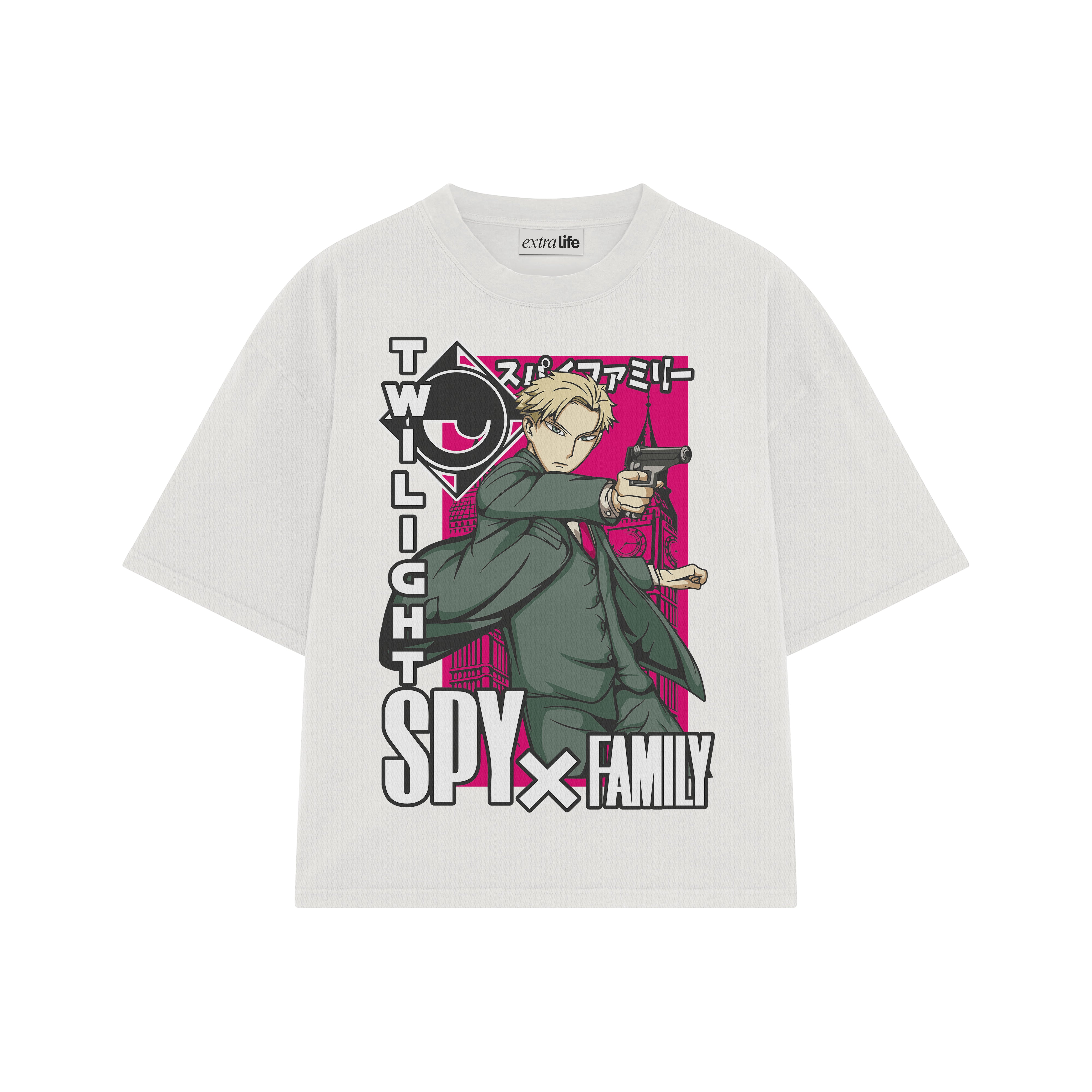 Playera streetwear premium de anime y gaming ExtraLife MX, corte boxy oversized drop shoulder heavyweight en color Deep Black y Off-White, moda urbana mexicana de culto.
