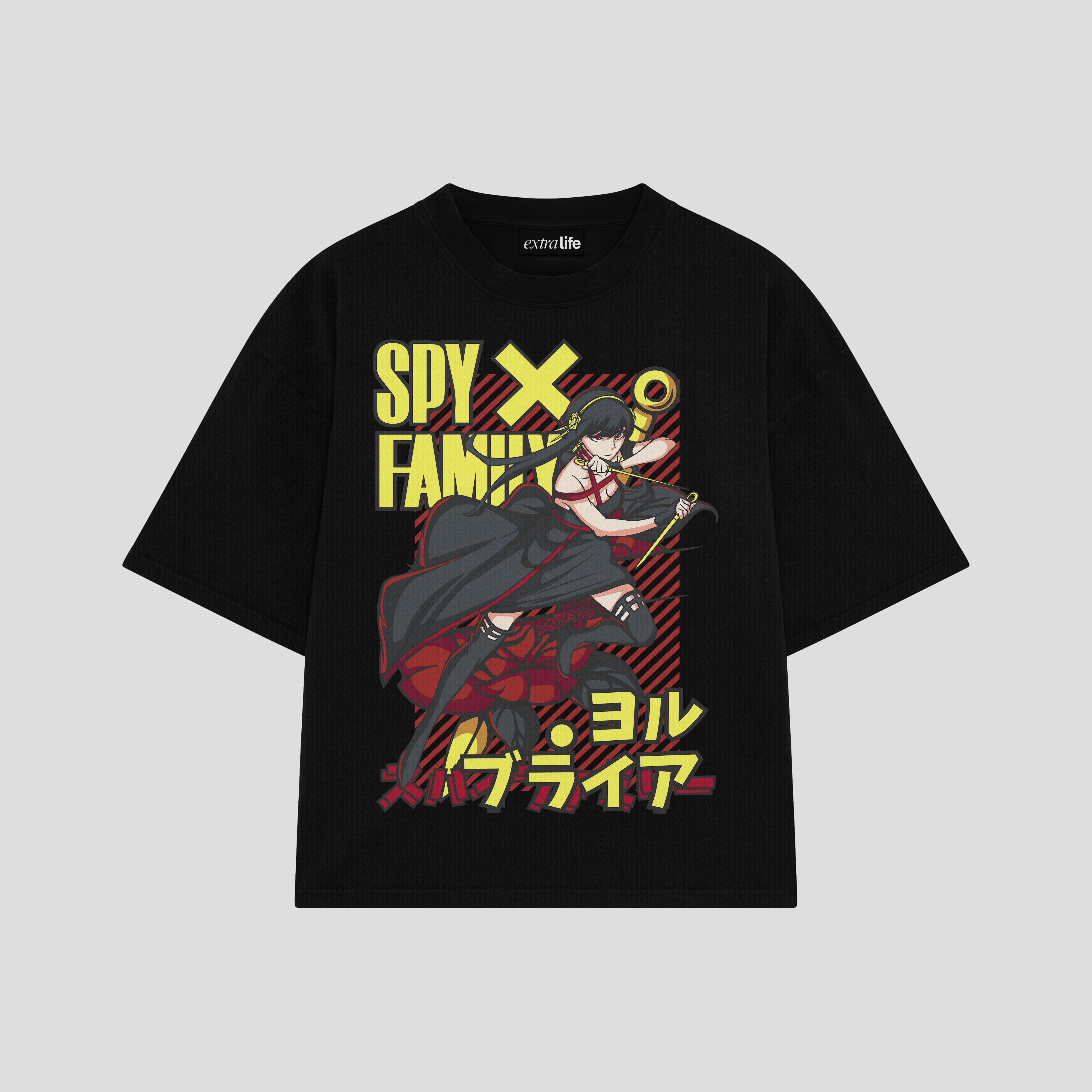Playera streetwear premium de anime y gaming ExtraLife MX, corte boxy oversized drop shoulder heavyweight en color Deep Black y Off-White, moda urbana mexicana de culto.