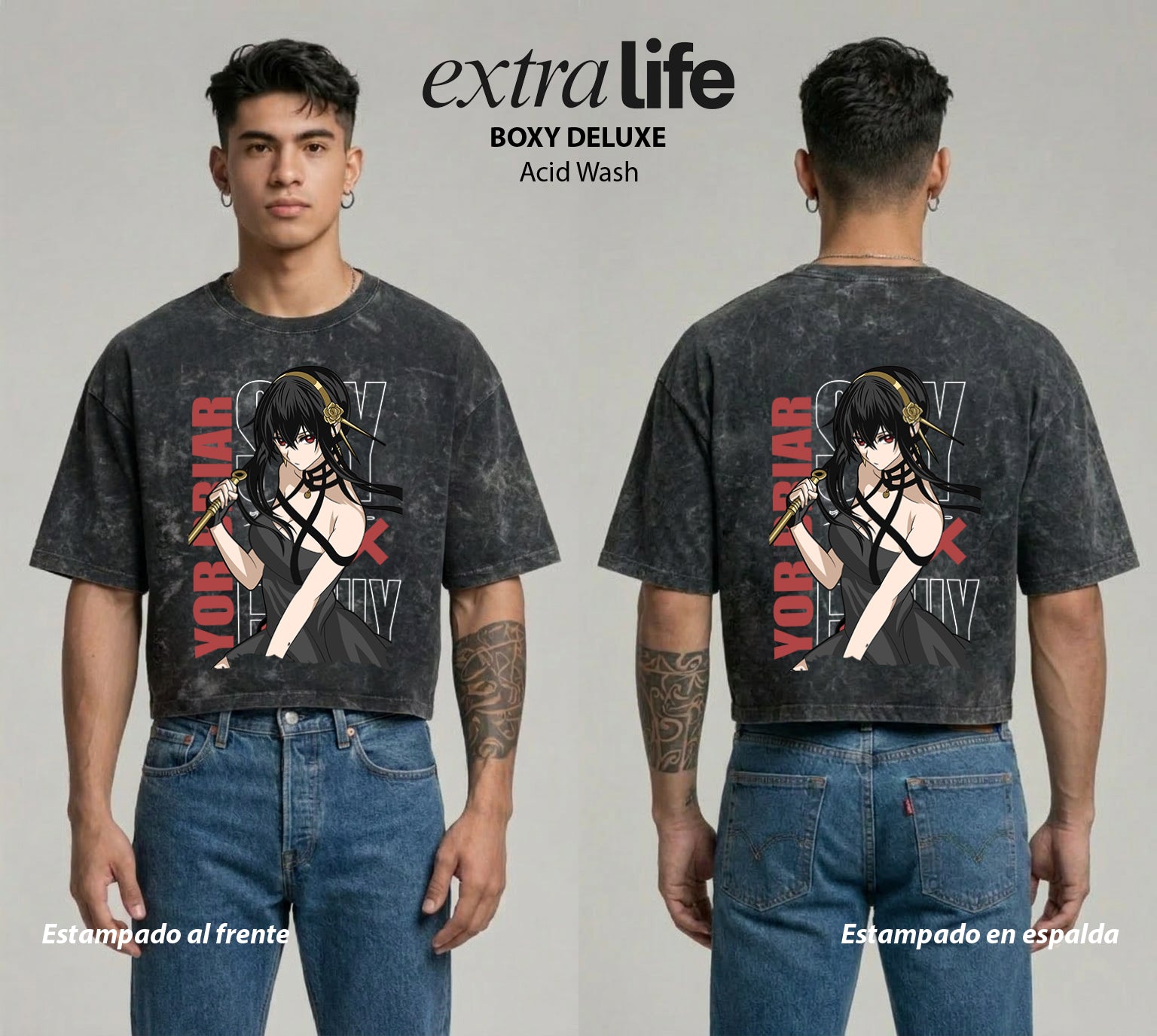 Playera streetwear premium de anime y gaming ExtraLife MX, corte boxy deluxe mineral wash heavyweight en color Acid Wash, moda urbana mexicana de culto.