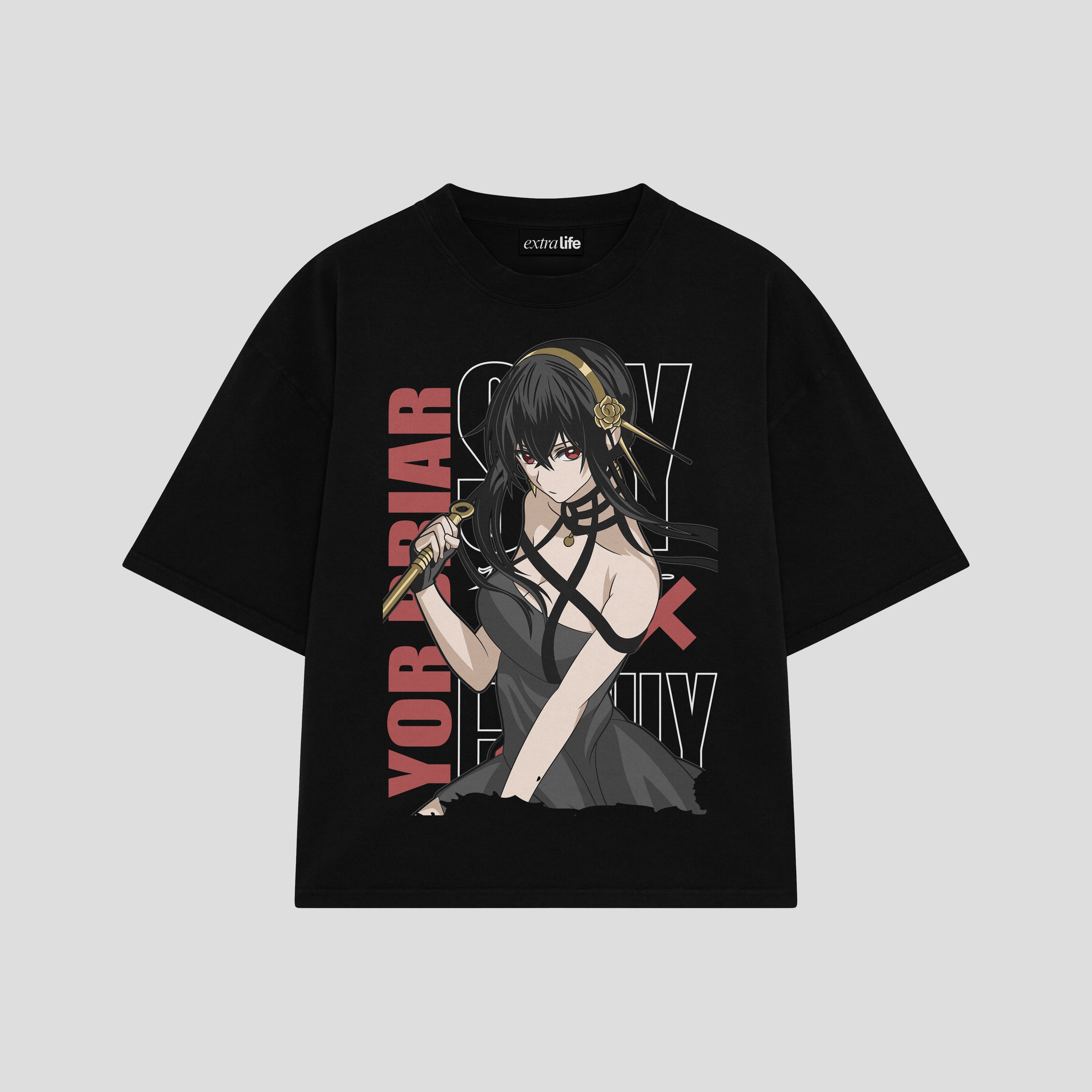 Playera streetwear premium de anime y gaming ExtraLife MX, corte boxy oversized drop shoulder heavyweight en color Deep Black y Off-White, moda urbana mexicana de culto.