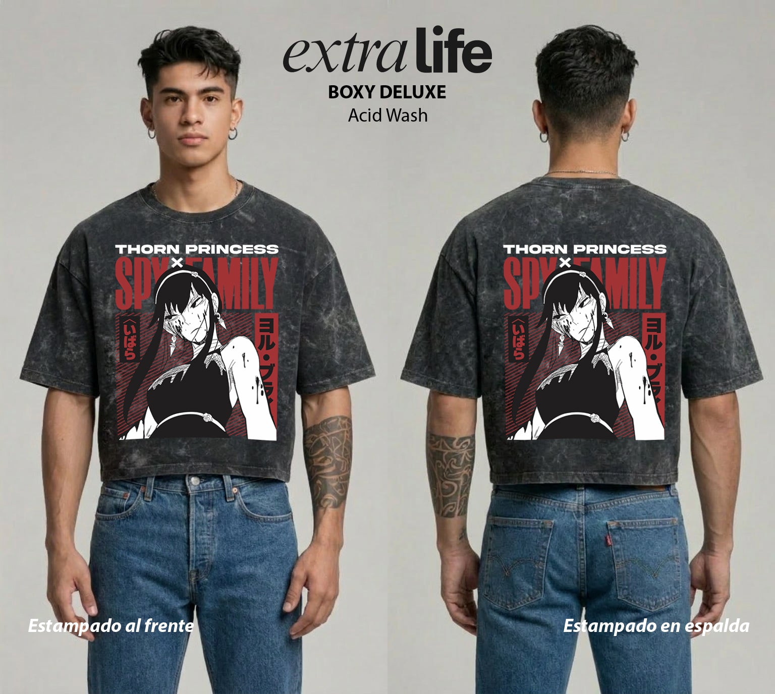 Playera streetwear premium de anime y gaming ExtraLife MX, corte boxy deluxe mineral wash heavyweight en color Acid Wash, moda urbana mexicana de culto.