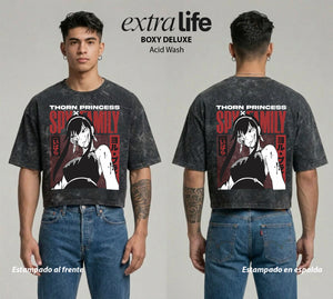 Playera streetwear premium de anime y gaming ExtraLife MX, corte boxy deluxe mineral wash heavyweight en color Acid Wash, moda urbana mexicana de culto.