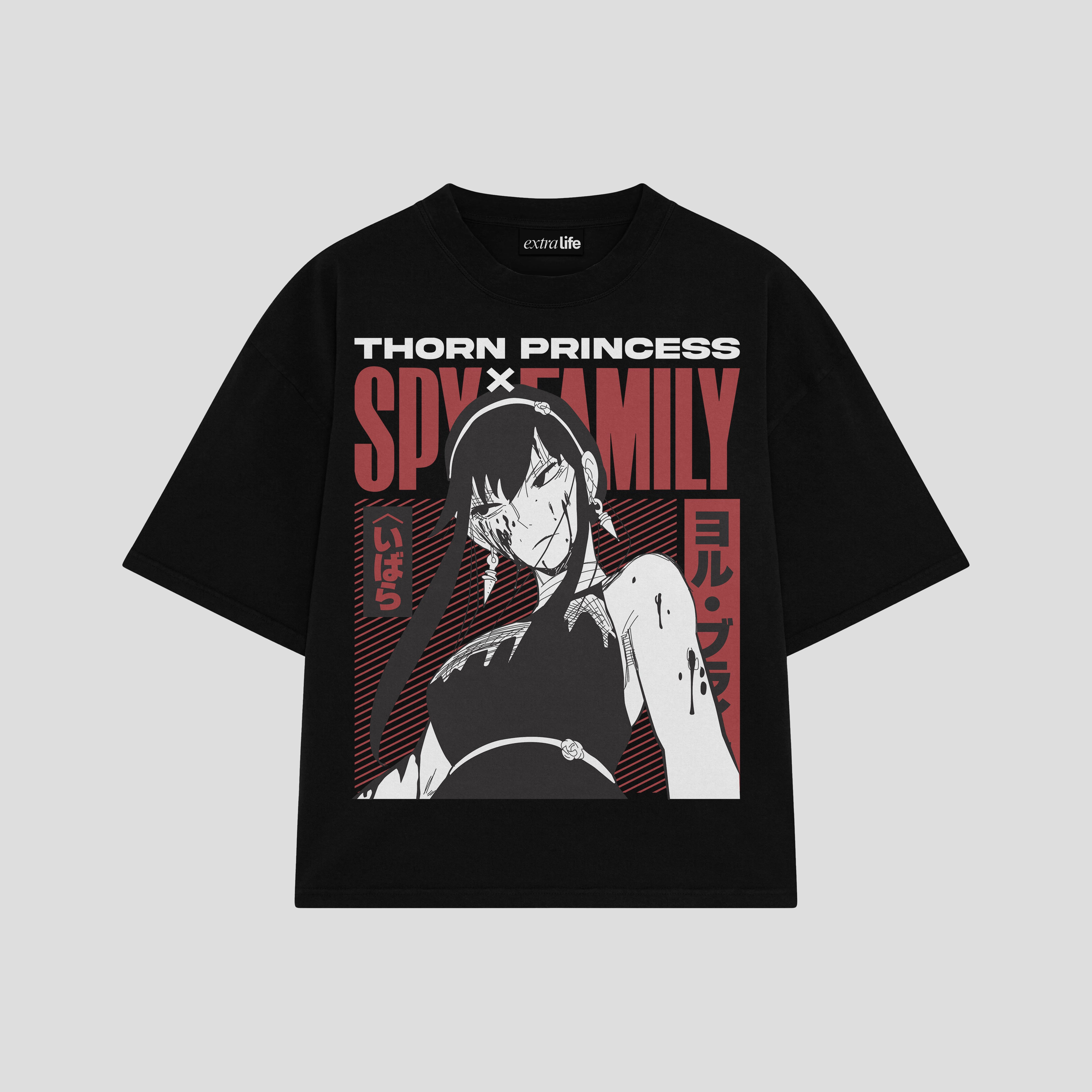 Playera streetwear premium de anime y gaming ExtraLife MX, corte boxy oversized drop shoulder heavyweight en color Deep Black y Off-White, moda urbana mexicana de culto.