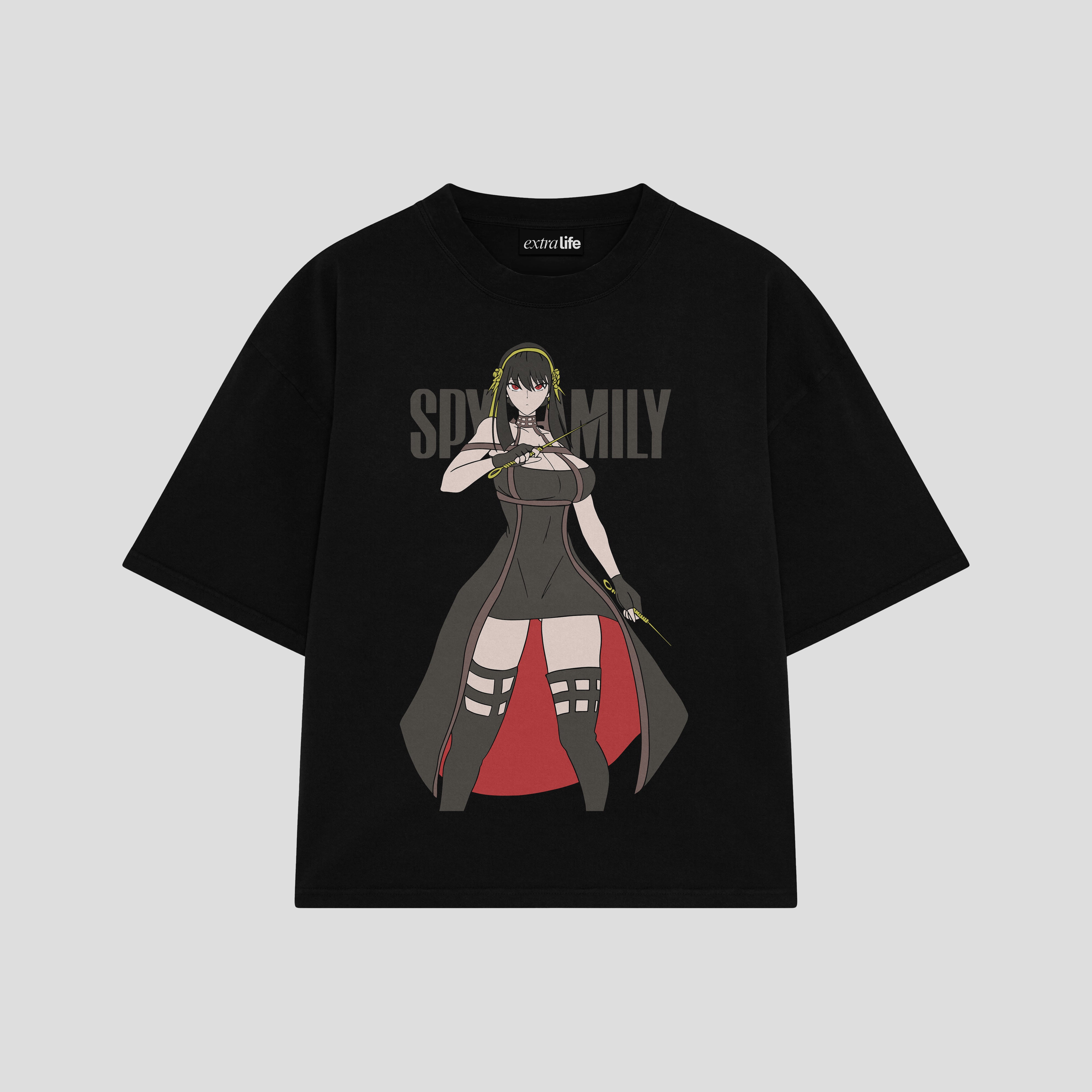 Playera streetwear premium de anime y gaming ExtraLife MX, corte boxy oversized drop shoulder heavyweight en color Deep Black y Off-White, moda urbana mexicana de culto.