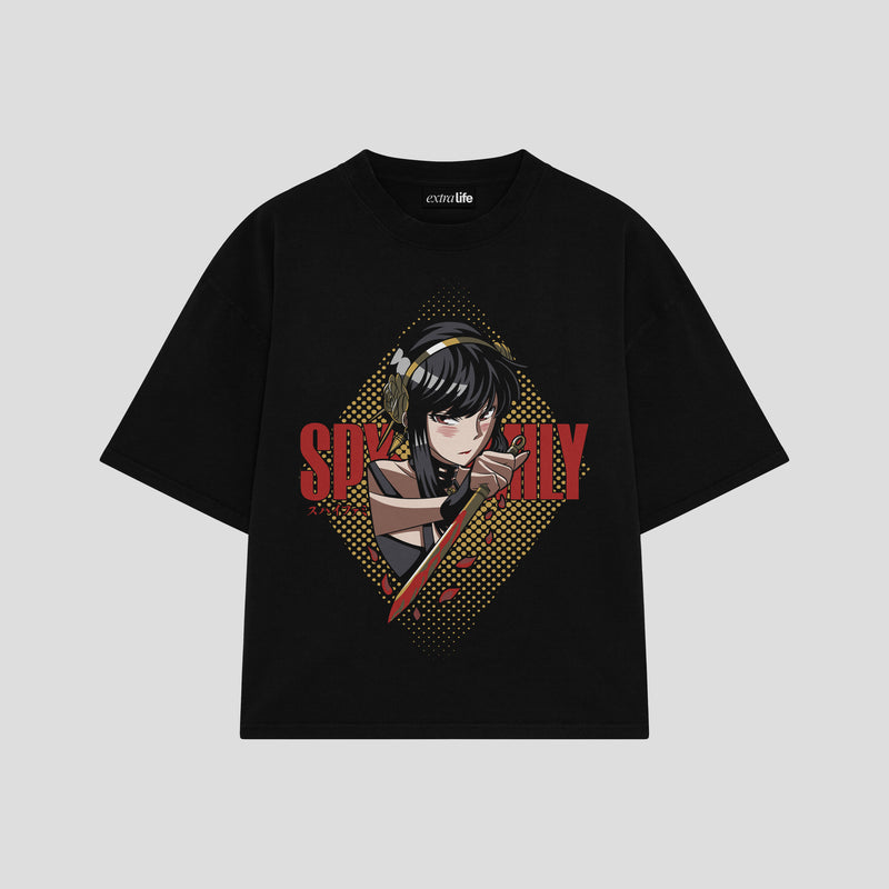 Playera streetwear premium de anime y gaming ExtraLife MX, corte boxy oversized drop shoulder heavyweight en color Deep Black y Off-White, moda urbana mexicana de culto.