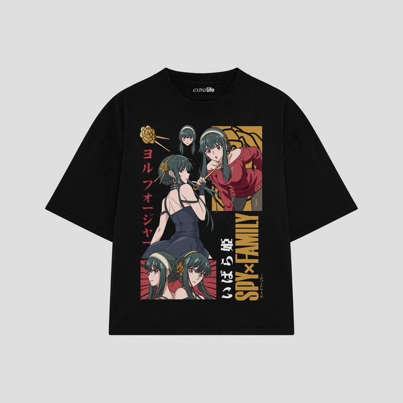 Playera streetwear premium de anime y gaming ExtraLife MX, corte boxy oversized drop shoulder heavyweight en color Deep Black y Off-White, moda urbana mexicana de culto.