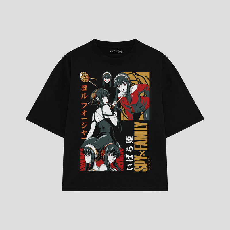 Playera streetwear premium de anime y gaming ExtraLife MX, corte boxy oversized drop shoulder heavyweight en color Deep Black y Off-White, moda urbana mexicana de culto.