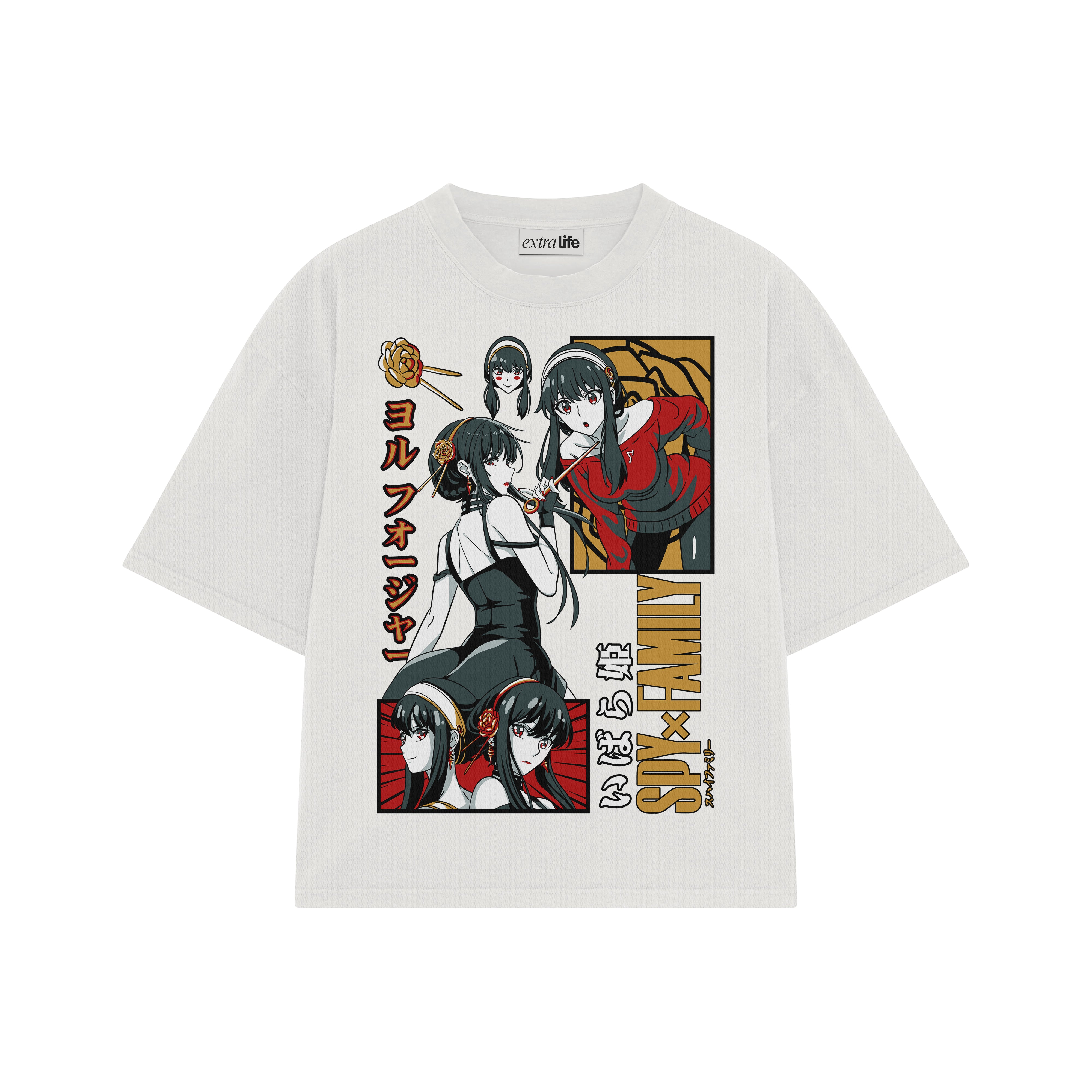 Playera streetwear premium de anime y gaming ExtraLife MX, corte boxy oversized drop shoulder heavyweight en color Deep Black y Off-White, moda urbana mexicana de culto.