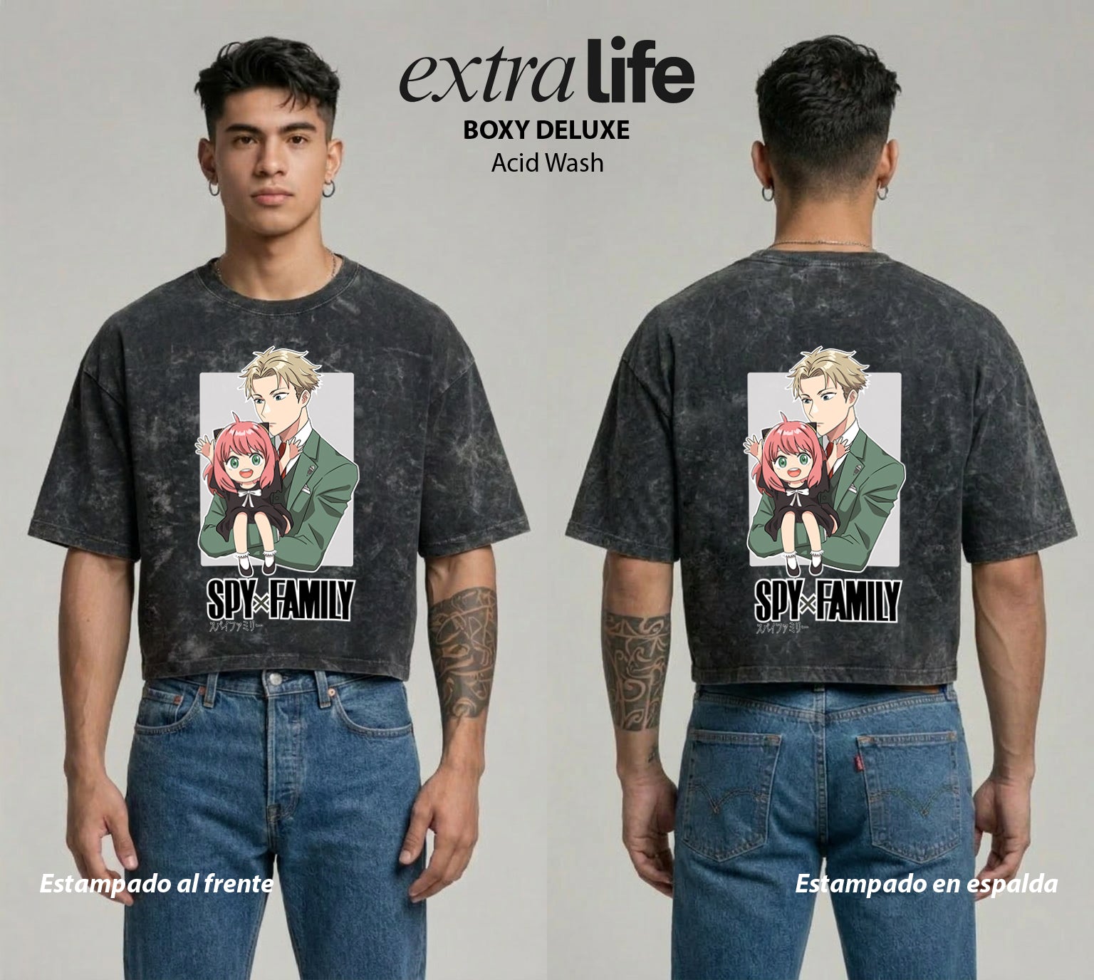 Playera streetwear premium de anime y gaming ExtraLife MX, corte boxy deluxe mineral wash heavyweight en color Acid Wash, moda urbana mexicana de culto.