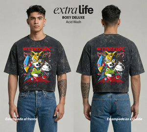 Playera streetwear premium de anime y gaming ExtraLife MX, corte boxy deluxe mineral wash heavyweight en color Acid Wash, moda urbana mexicana de culto.