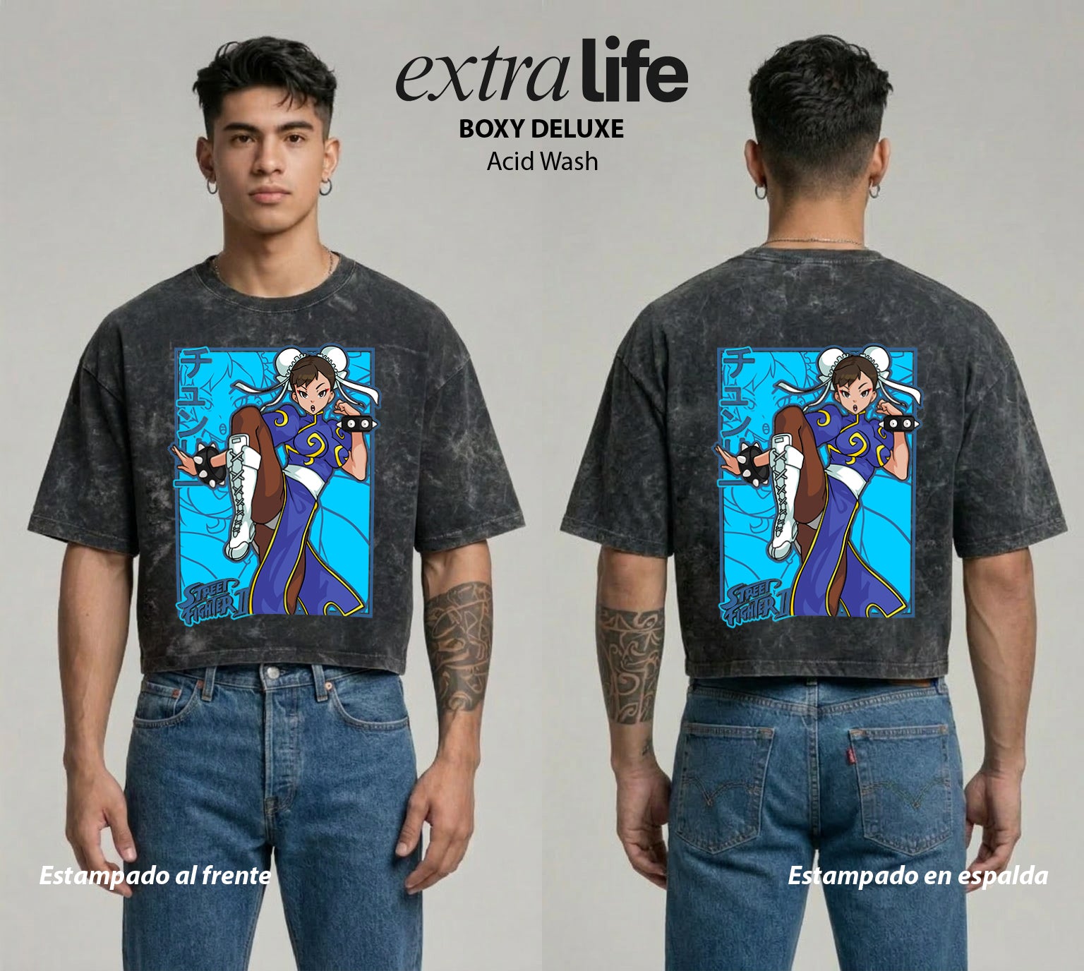 Playera streetwear premium de anime y gaming ExtraLife MX, corte boxy deluxe mineral wash heavyweight en color Acid Wash, moda urbana mexicana de culto.