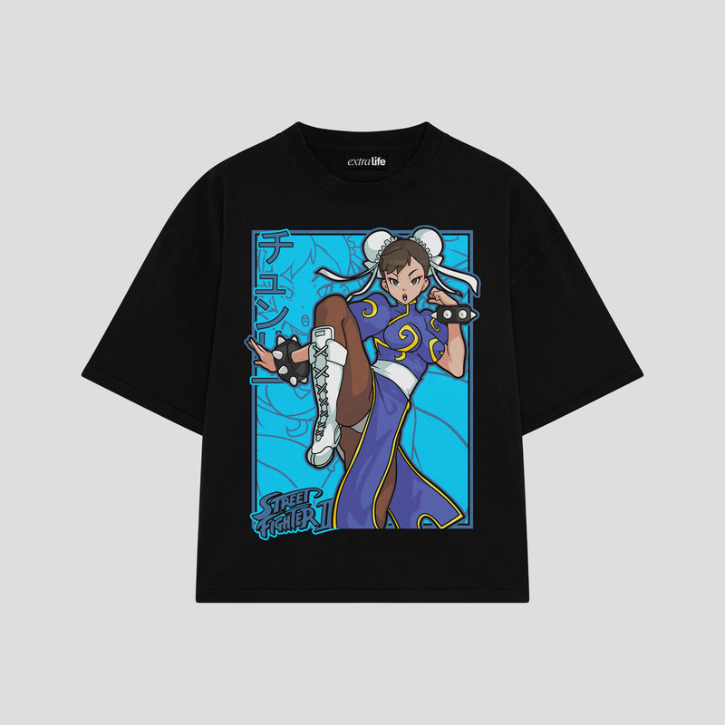 Playera streetwear premium de anime y gaming ExtraLife MX, corte boxy oversized drop shoulder heavyweight en color Deep Black y Off-White, moda urbana mexicana de culto.