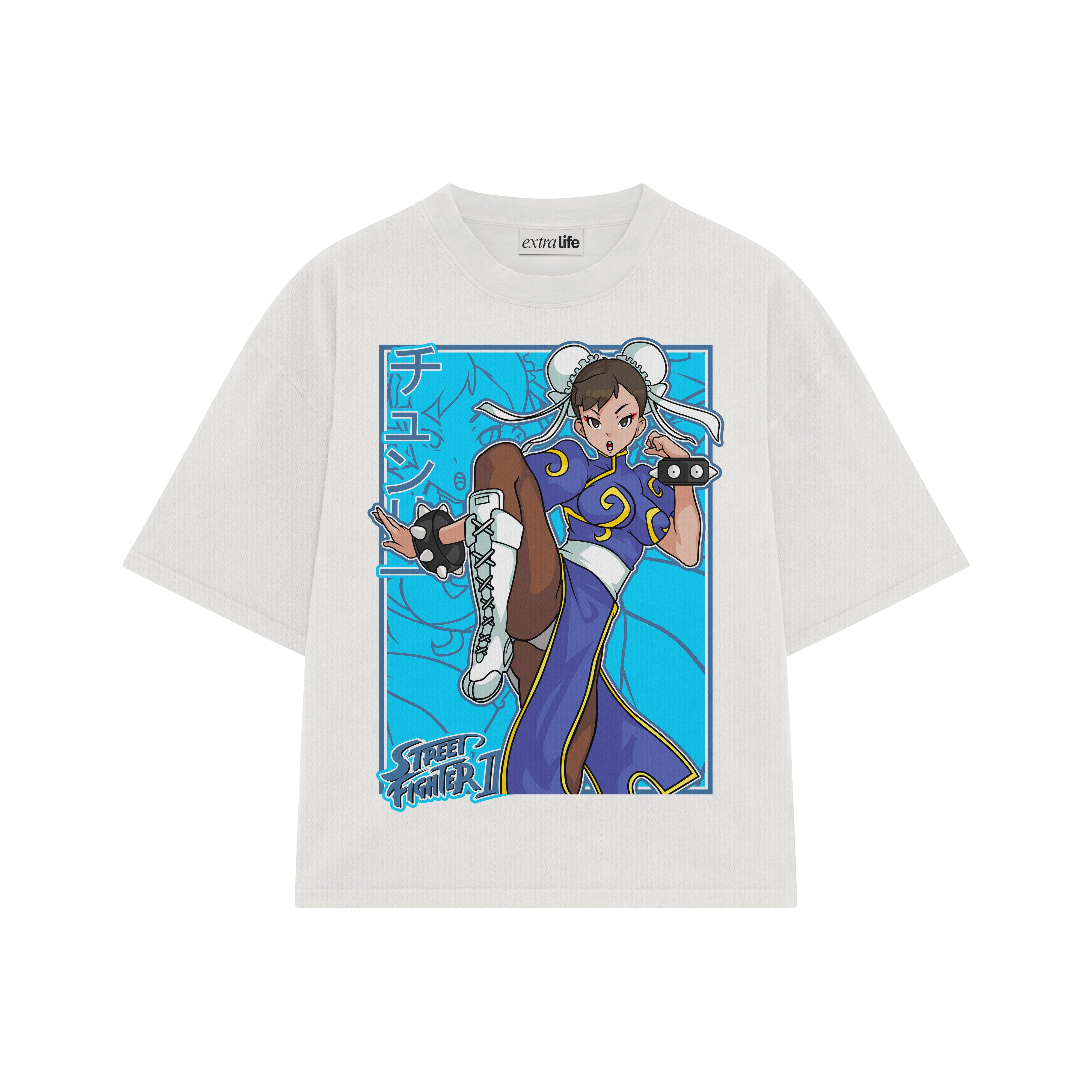 Playera streetwear premium de anime y gaming ExtraLife MX, corte boxy oversized drop shoulder heavyweight en color Deep Black y Off-White, moda urbana mexicana de culto.
