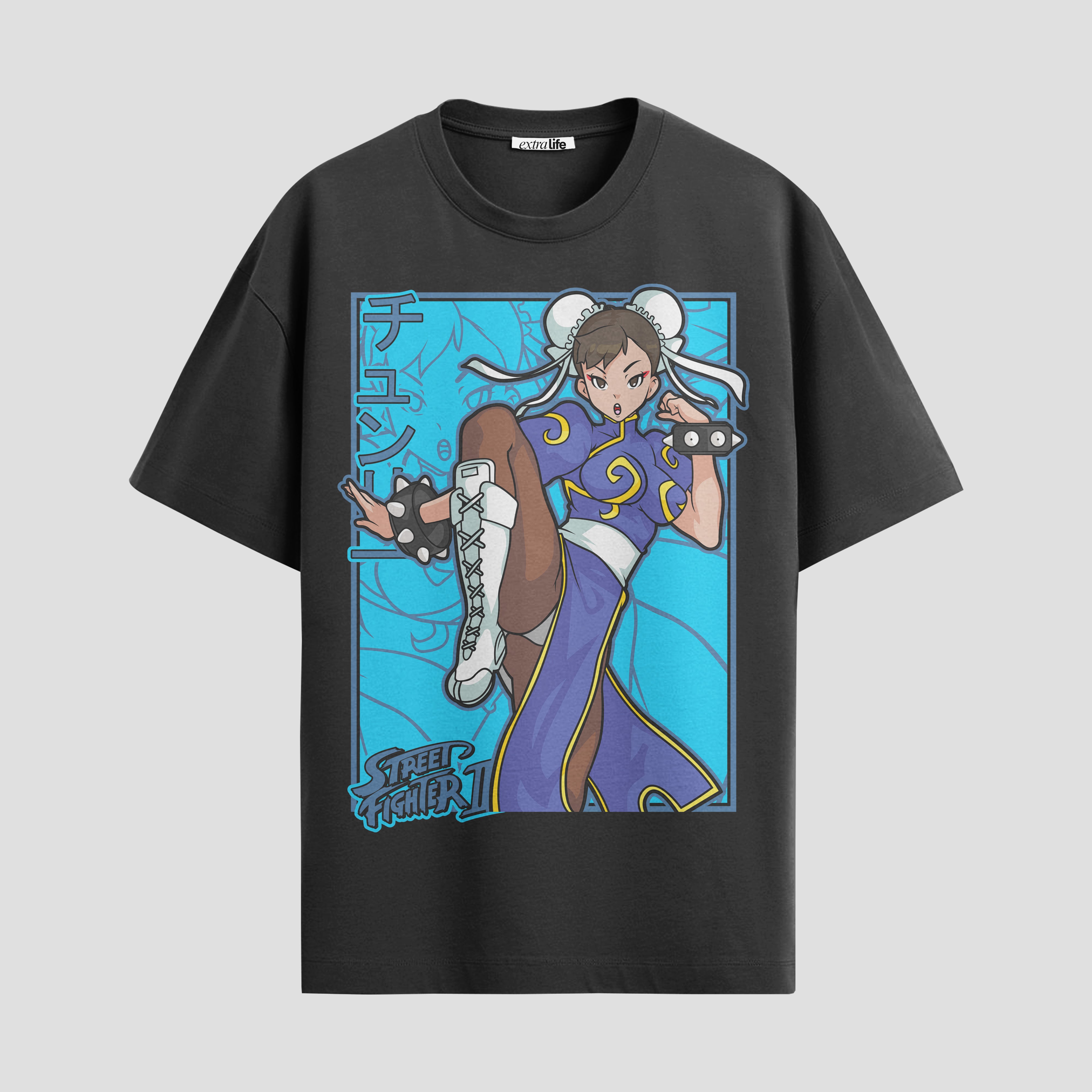 Playera urbana de anime y gaming ExtraLife MX, corte Standard Fit unisex ligero y transpirable en color Deep Black y Pure White, ropa de uso diario para gym y casual.