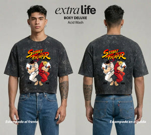 Playera streetwear premium de anime y gaming ExtraLife MX, corte boxy deluxe mineral wash heavyweight en color Acid Wash, moda urbana mexicana de culto.