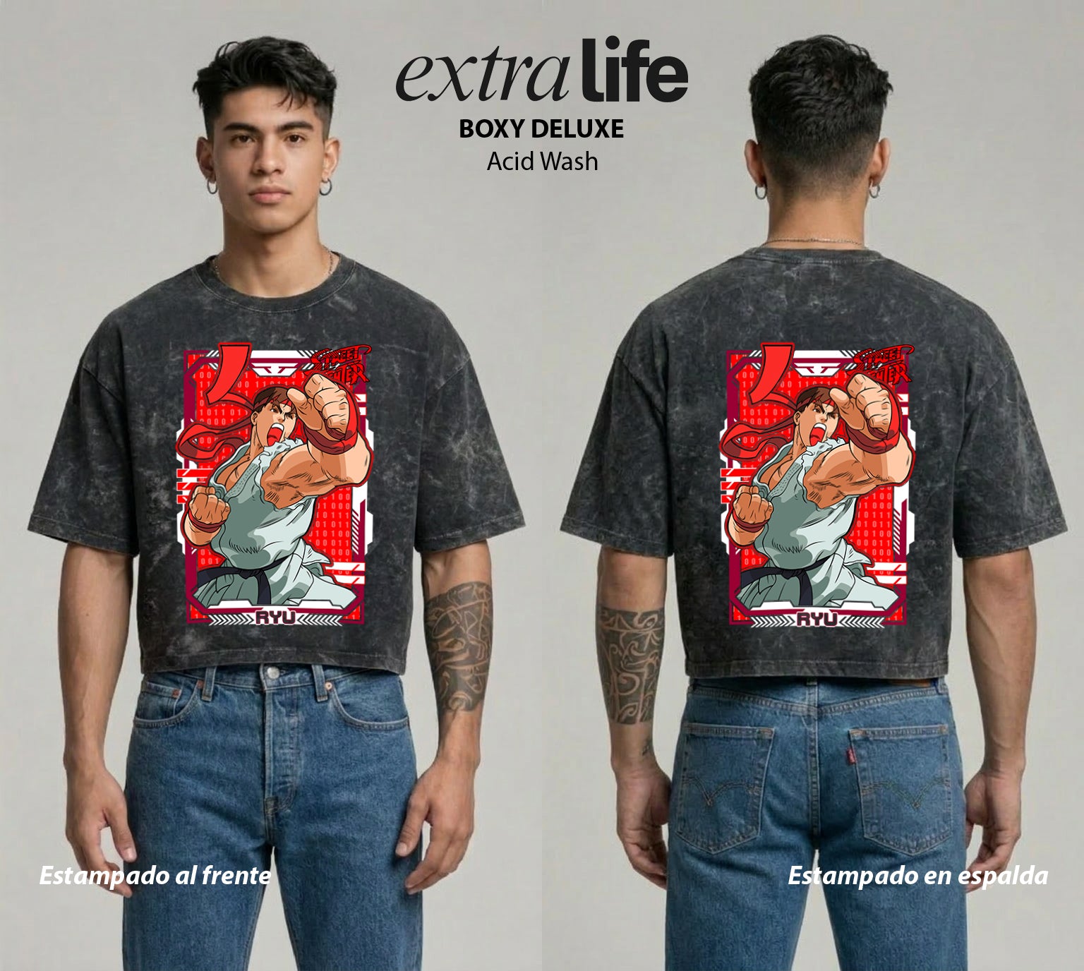 Playera streetwear premium de anime y gaming ExtraLife MX, corte boxy deluxe mineral wash heavyweight en color Acid Wash, moda urbana mexicana de culto.