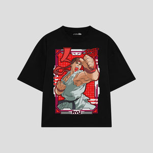 Playera streetwear premium de anime y gaming ExtraLife MX, corte boxy oversized drop shoulder heavyweight en color Deep Black y Off-White, moda urbana mexicana de culto.