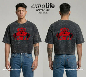 Playera streetwear premium de anime y gaming ExtraLife MX, corte boxy deluxe mineral wash heavyweight en color Acid Wash, moda urbana mexicana de culto.