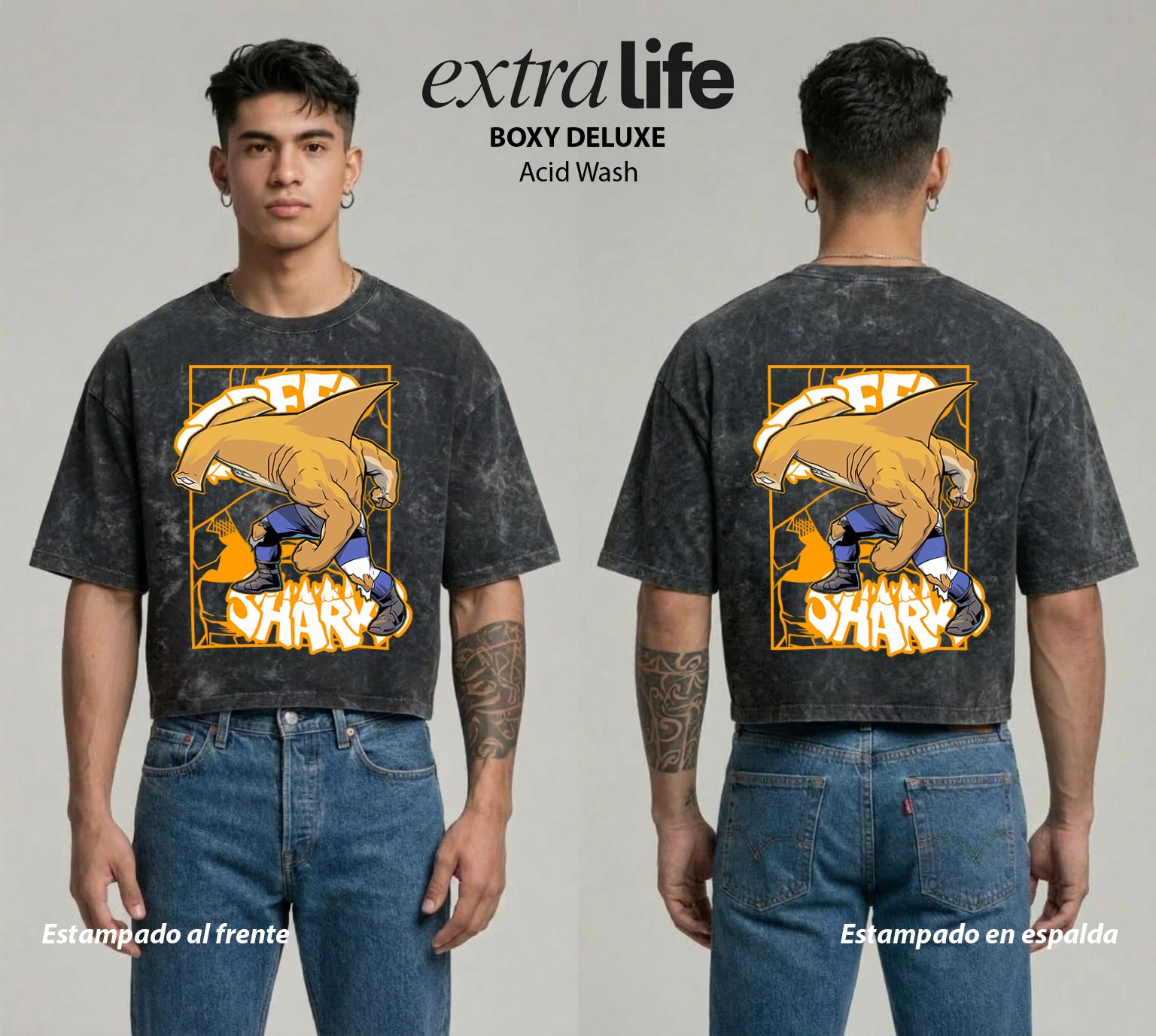 Playera streetwear premium de anime y gaming ExtraLife MX, corte boxy deluxe mineral wash heavyweight en color Acid Wash, moda urbana mexicana de culto.