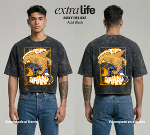 Playera streetwear premium de anime y gaming ExtraLife MX, corte boxy deluxe mineral wash heavyweight en color Acid Wash, moda urbana mexicana de culto.
