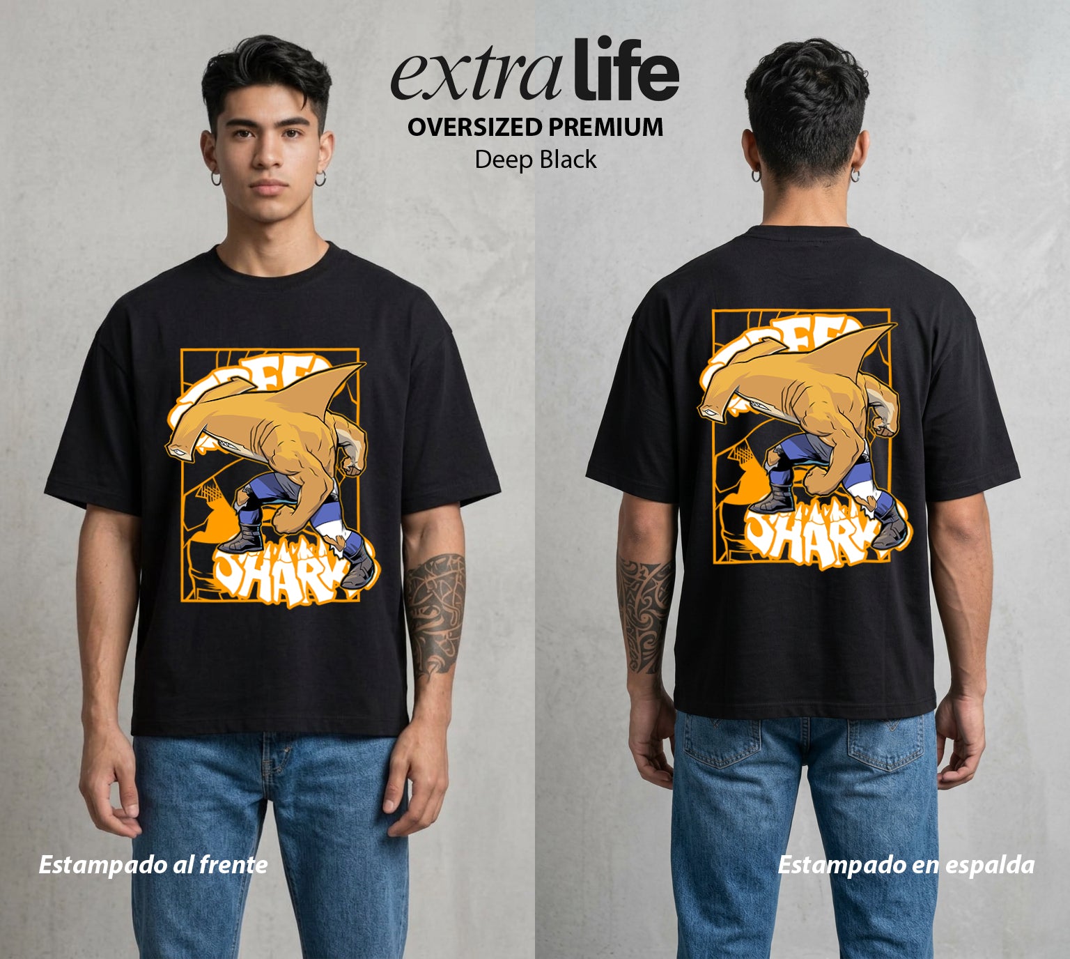Los Tiburones Mutantes | El Tiburón del Bien #04195 - Playera Oversized Premium | Deep Black - Foto en modelo