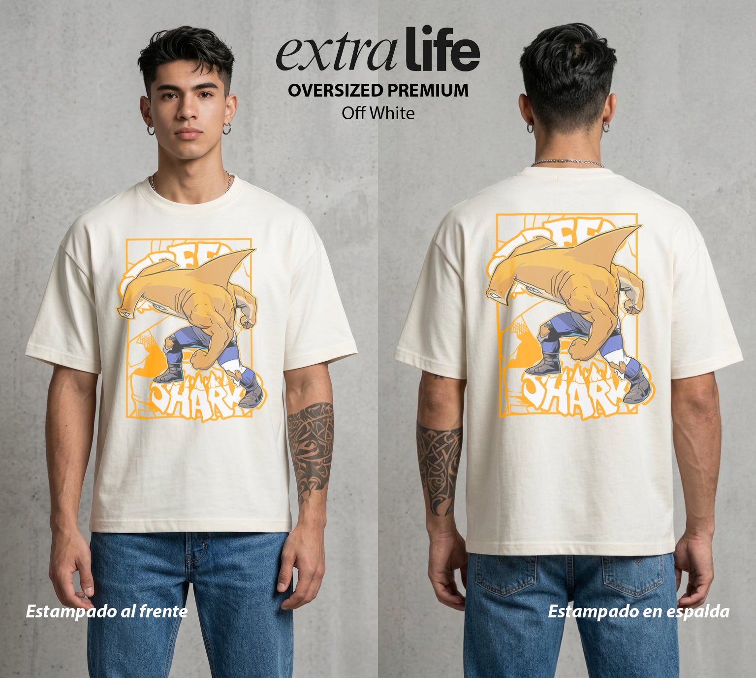 Los Tiburones Mutantes | El Tiburón del Bien #04195 - Playera Oversized Premium | Off White - Foto en modelo