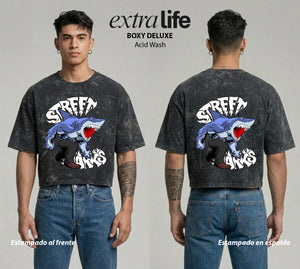 Playera streetwear premium de anime y gaming ExtraLife MX, corte boxy deluxe mineral wash heavyweight en color Acid Wash, moda urbana mexicana de culto.