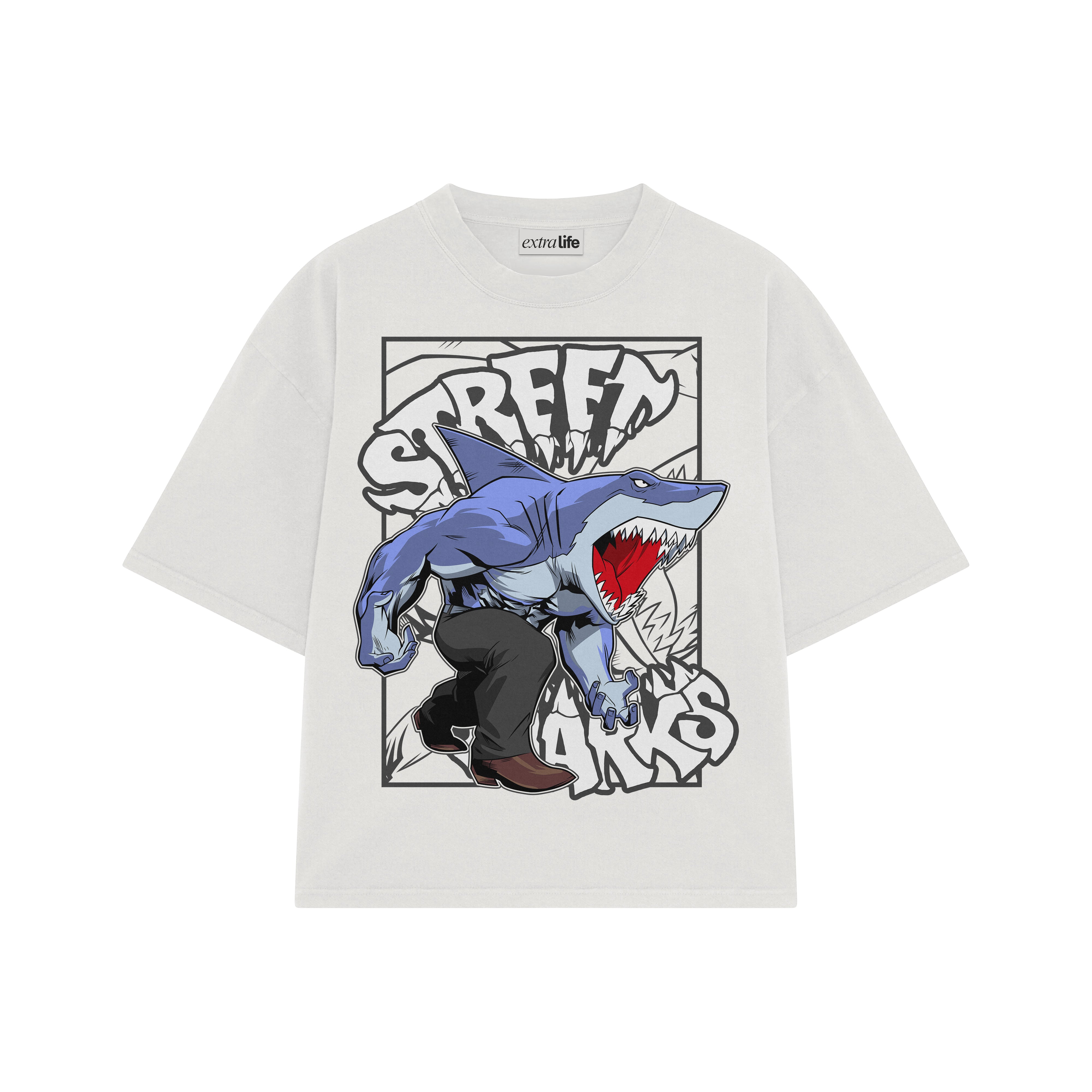 Playera streetwear premium de anime y gaming ExtraLife MX, corte boxy oversized drop shoulder heavyweight en color Deep Black y Off-White, moda urbana mexicana de culto.