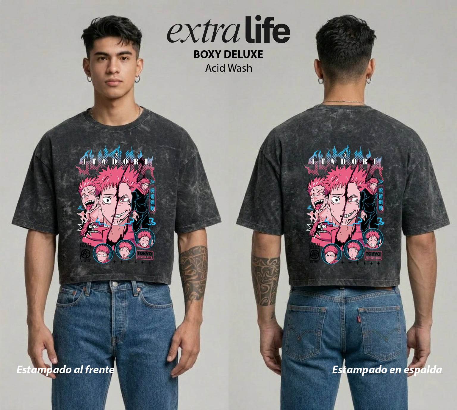 Playera streetwear premium de anime y gaming ExtraLife MX, corte boxy deluxe mineral wash heavyweight en color Acid Wash, moda urbana mexicana de culto.