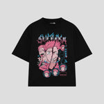 Playera streetwear premium de anime y gaming ExtraLife MX, corte boxy oversized drop shoulder heavyweight en color Deep Black y Off-White, moda urbana mexicana de culto.