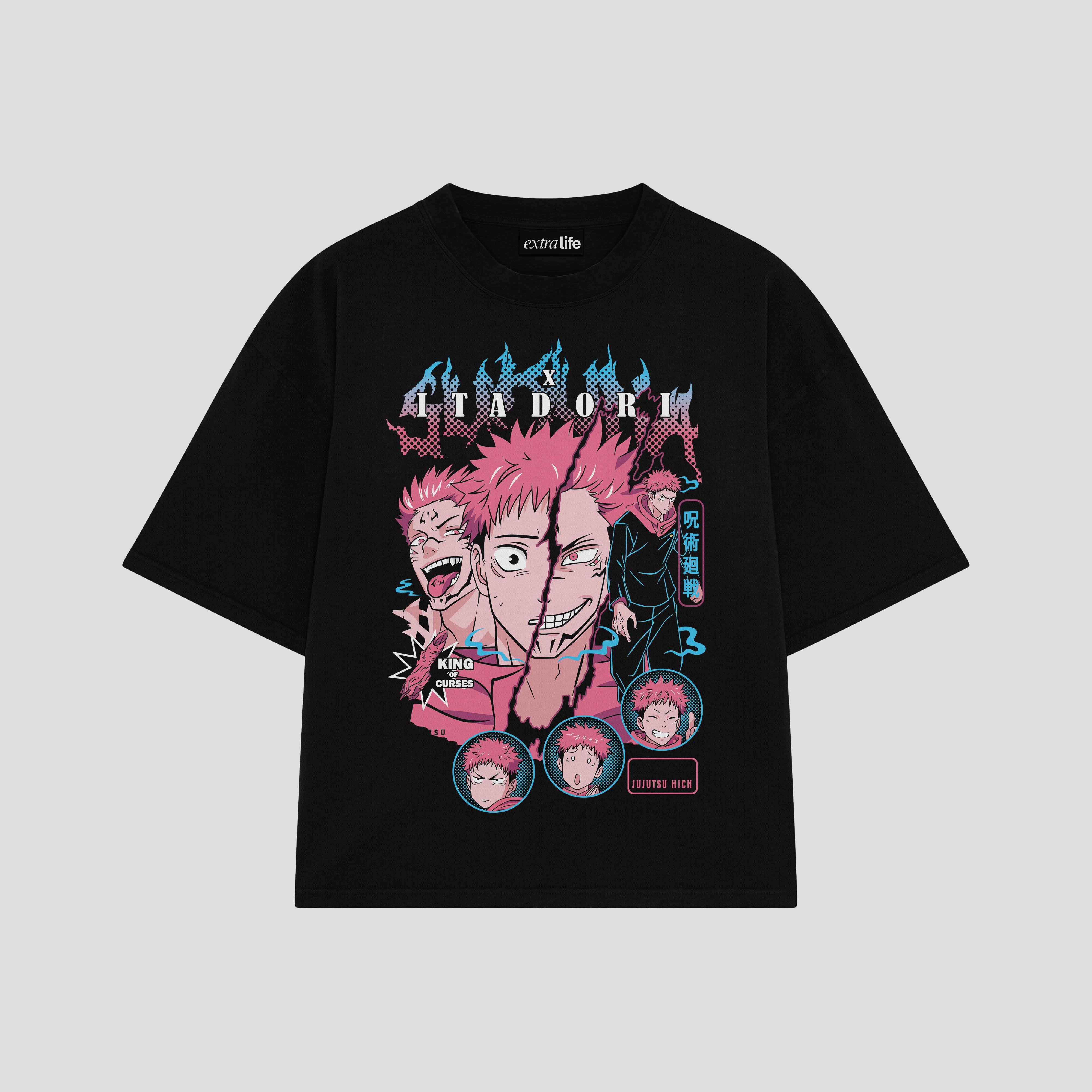 Playera streetwear premium de anime y gaming ExtraLife MX, corte boxy oversized drop shoulder heavyweight en color Deep Black y Off-White, moda urbana mexicana de culto.
