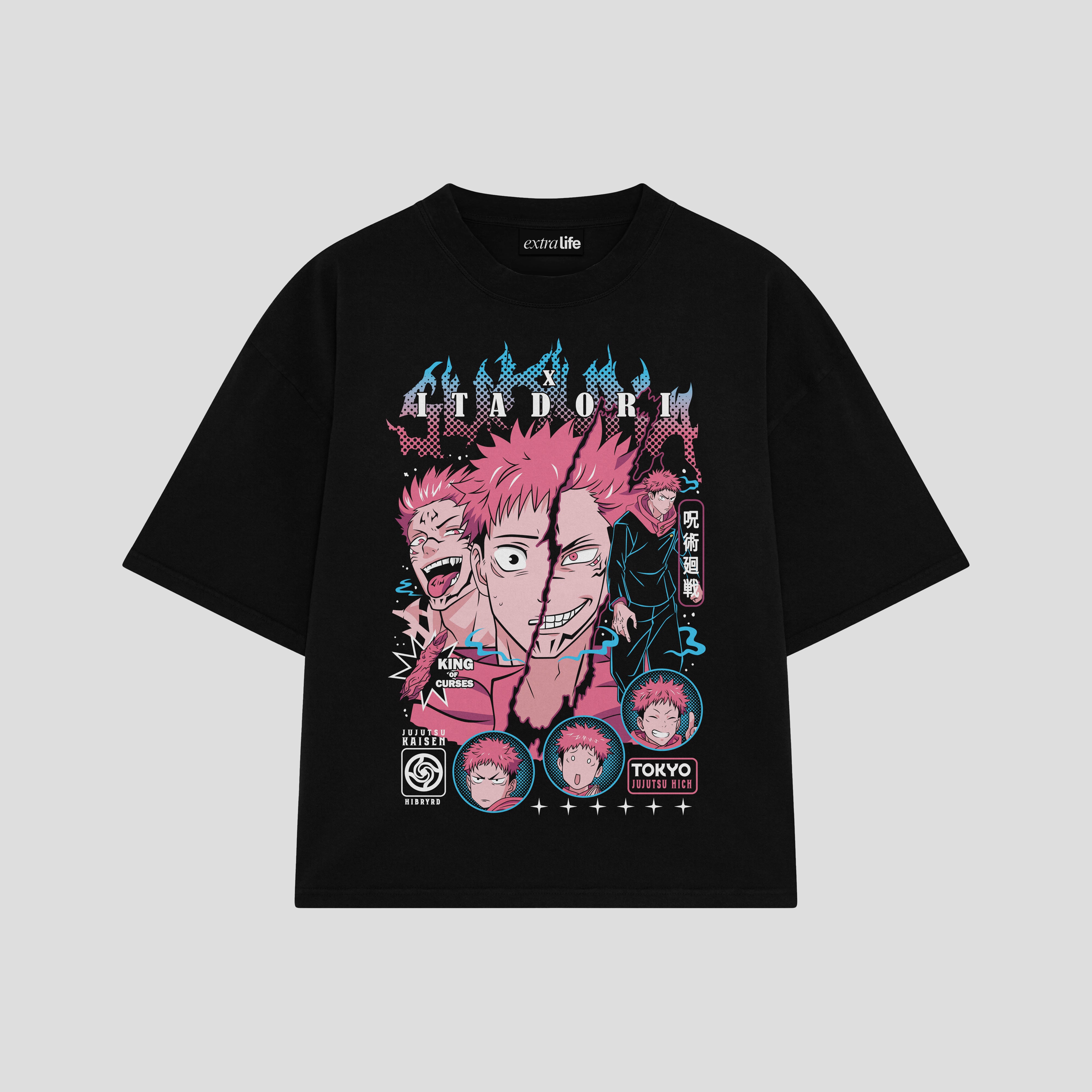 Playera streetwear premium de anime y gaming ExtraLife MX, corte boxy oversized drop shoulder heavyweight en color Deep Black y Off-White, moda urbana mexicana de culto.