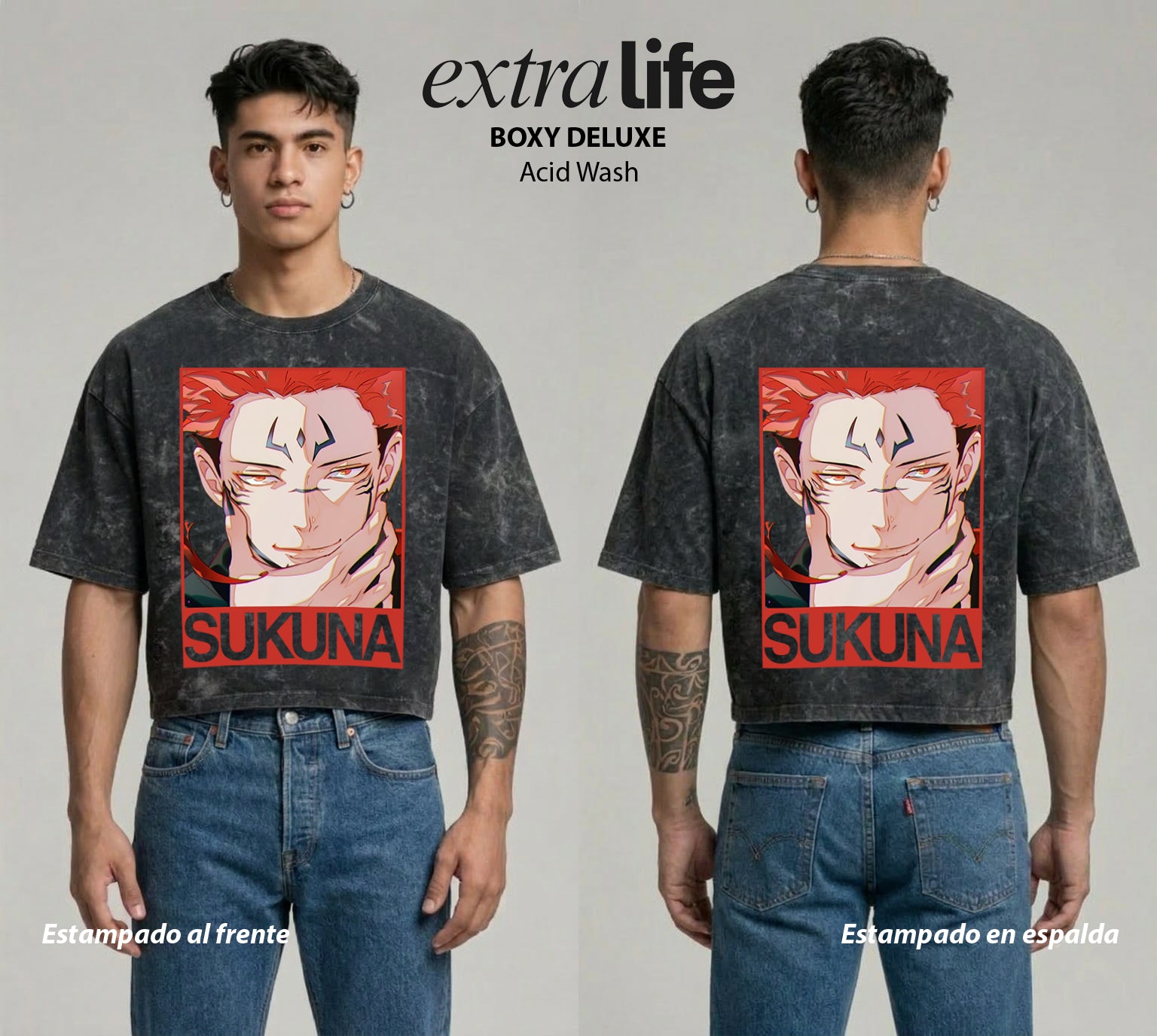 Playera streetwear premium de anime y gaming ExtraLife MX, corte boxy deluxe mineral wash heavyweight en color Acid Wash, moda urbana mexicana de culto.
