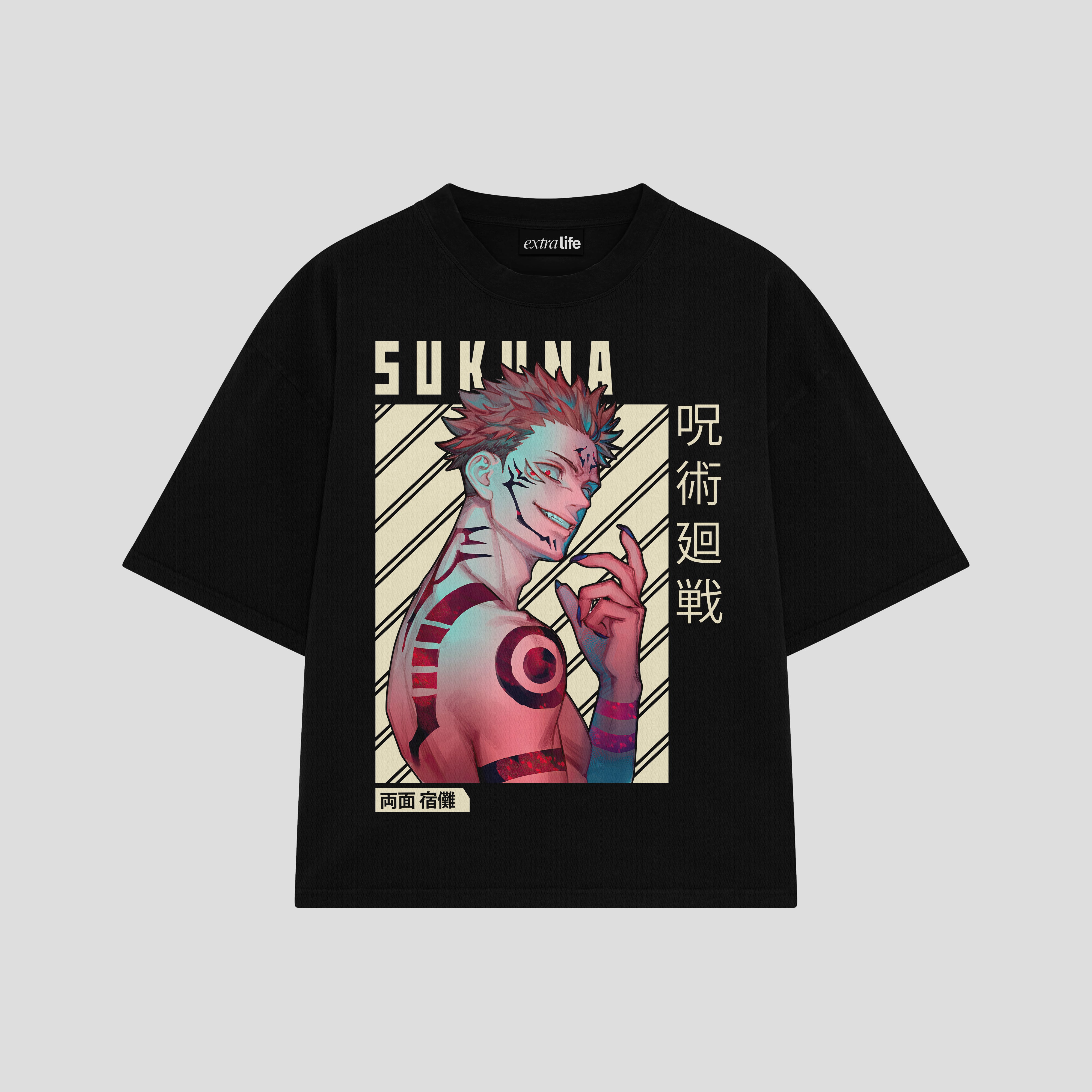 Playera streetwear premium de anime y gaming ExtraLife MX, corte boxy oversized drop shoulder heavyweight en color Deep Black y Off-White, moda urbana mexicana de culto.